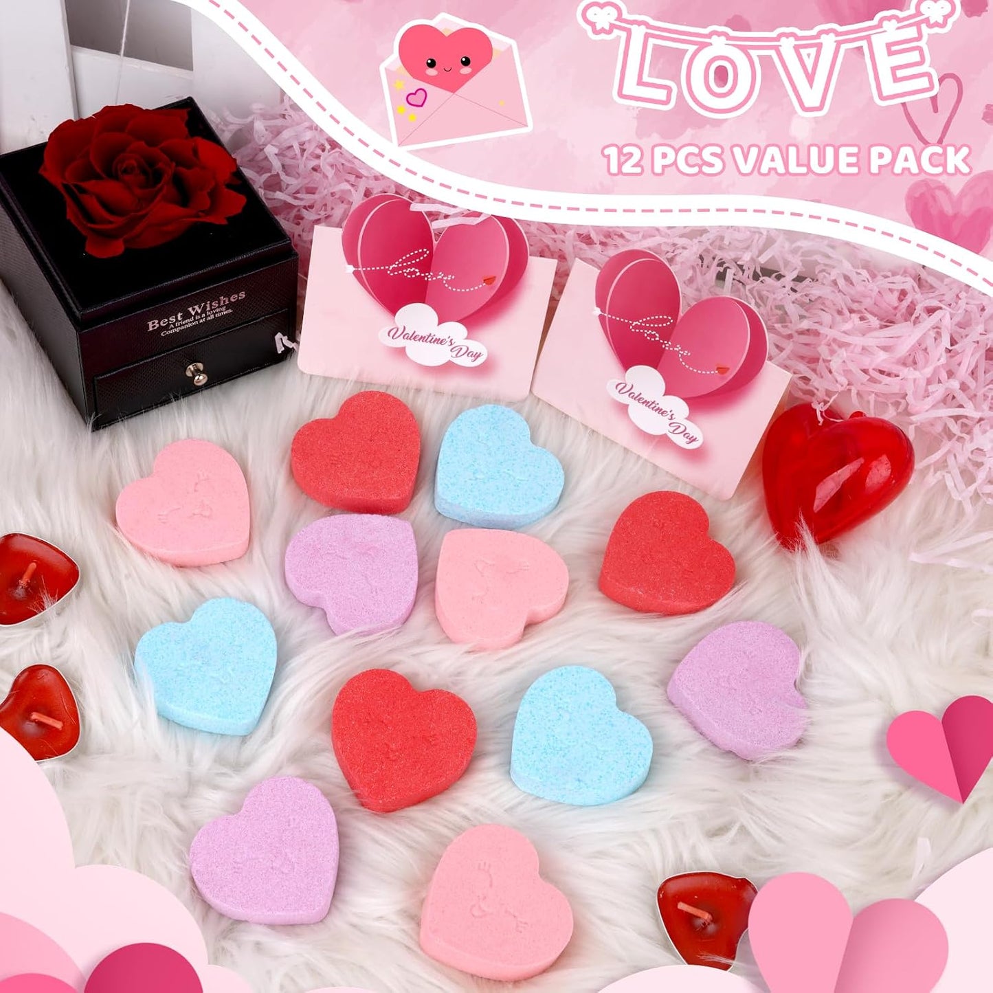 Valentine's Day Bath Bombs,12PCS Colorful Love Shape Bath Bomb Sets,Valentine's Day Gifts Bath Bombs for Women Girl Mom