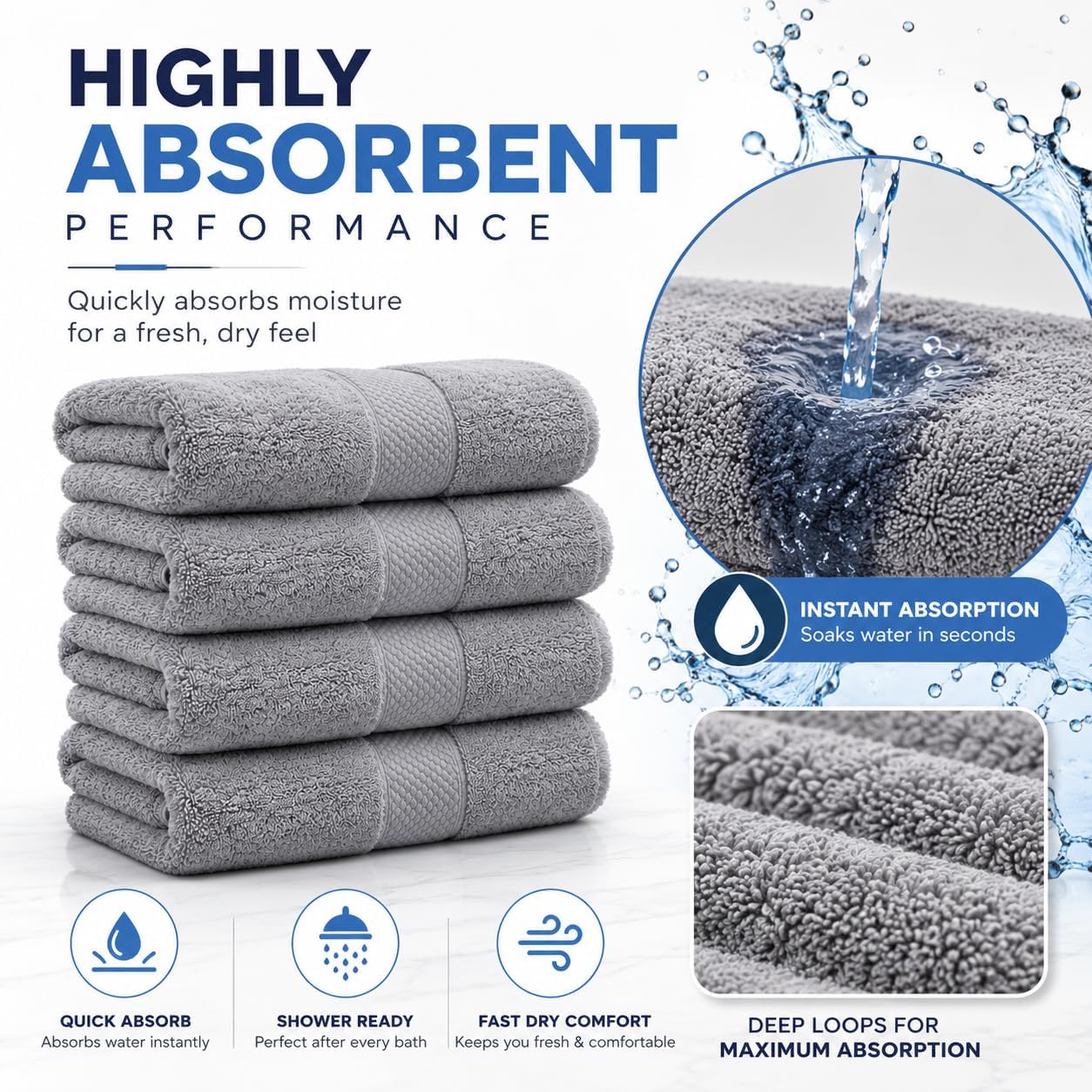 Grey Bath Towels 30x60 – Pack of 4 | Ulta Soft, Light Weight & Quick-Dry | Highly Absorbent 100% Combed Yarn Cotton Towels for Bathroom, Spa, Home & Hotel Use