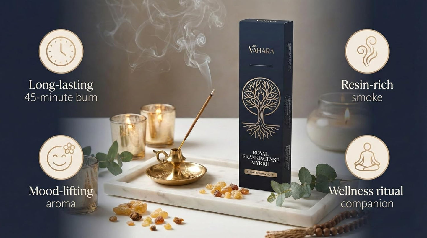 Premium Vahara Royal Frankincense and Myrrh Incense Sticks 100g | Resin Blend Masala Agarbatti for Meditation Prayer & Cleansing | Natural Earthy Home Fragrance