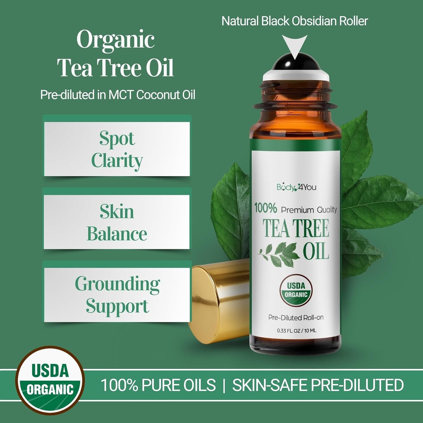 BodyJ4You Tea Tree + Peppermint Essential Oil Roll On Duo - 100% USDA Organic MCT Coconut Oil - Black Obsidian and Clear Quartz Stone Rollers - Spots Cuticles Feet Cooling Focus Temples Neck - Amber G