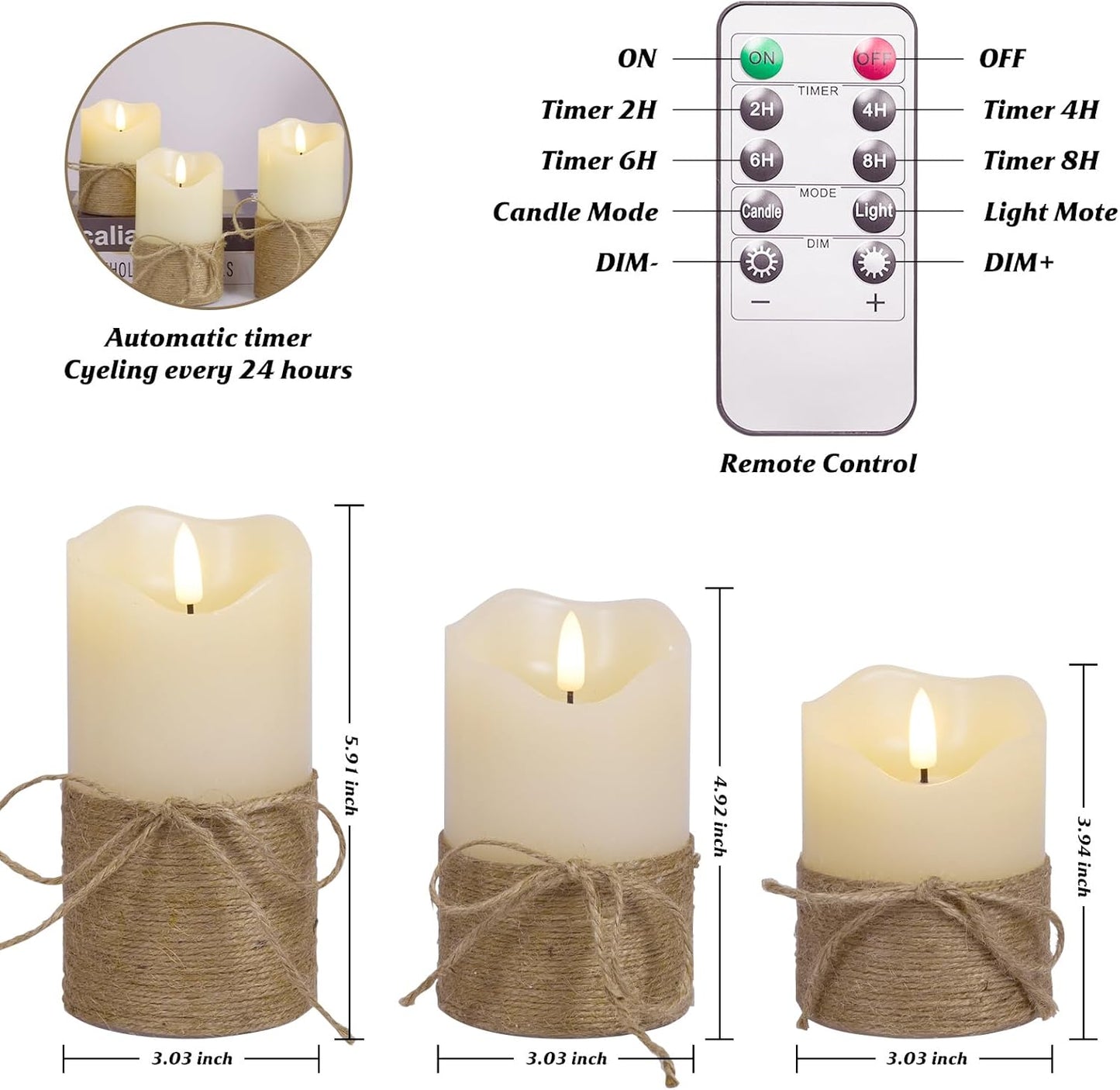 Flameless Candles with Remote Timer-3D Flickering Hemp Rope LED Candles Set of 3(4”/5”/6”, Battery Powered for Home/Wedding/Party/Table Decorations