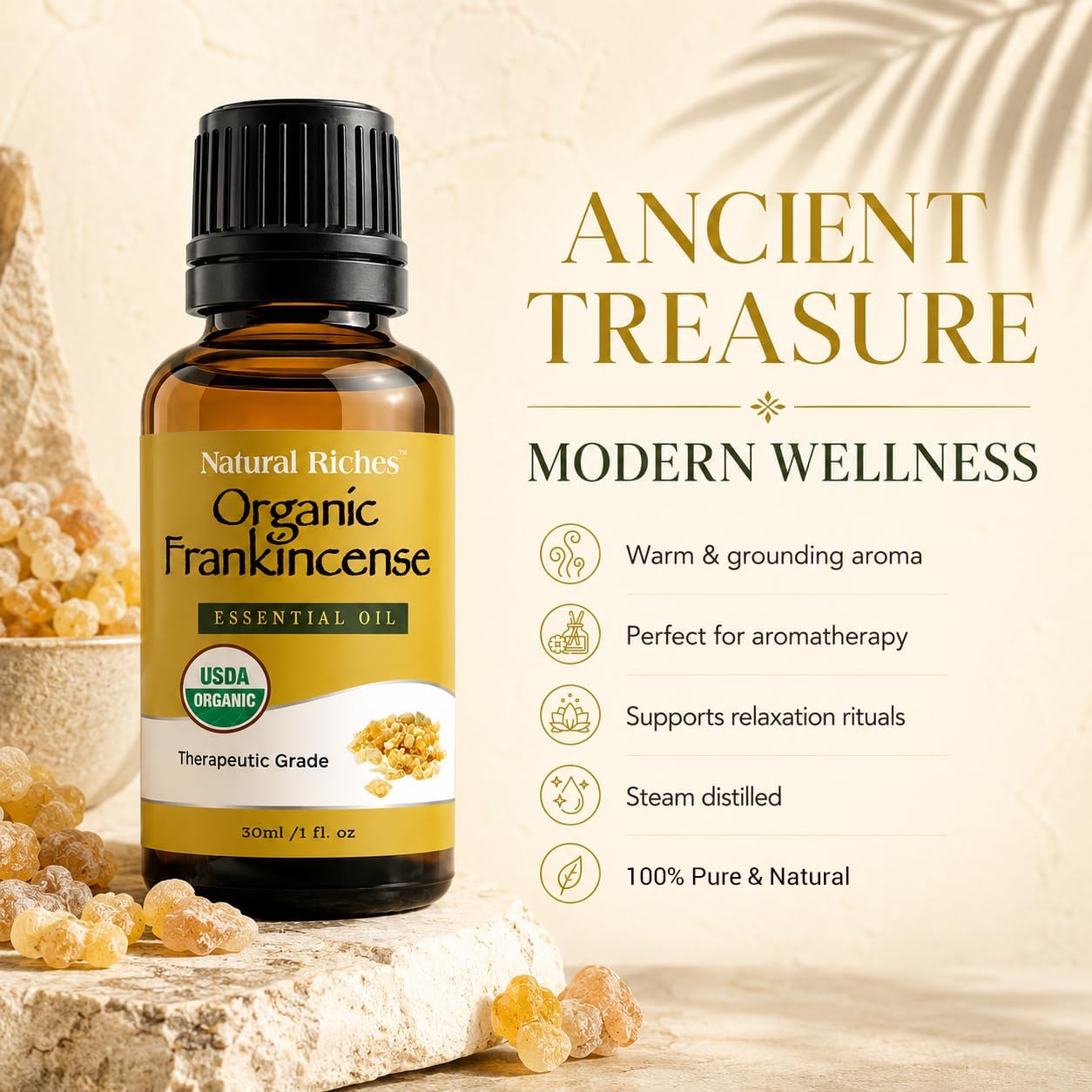 Natural Riches USDA Organic Frankincense Essential Oil 30 ml - Boswellia Serrata, 100% Pure Natural Undiluted, Therapeutic Grade for Diffuser Aromatherapy Premium Certified Organic