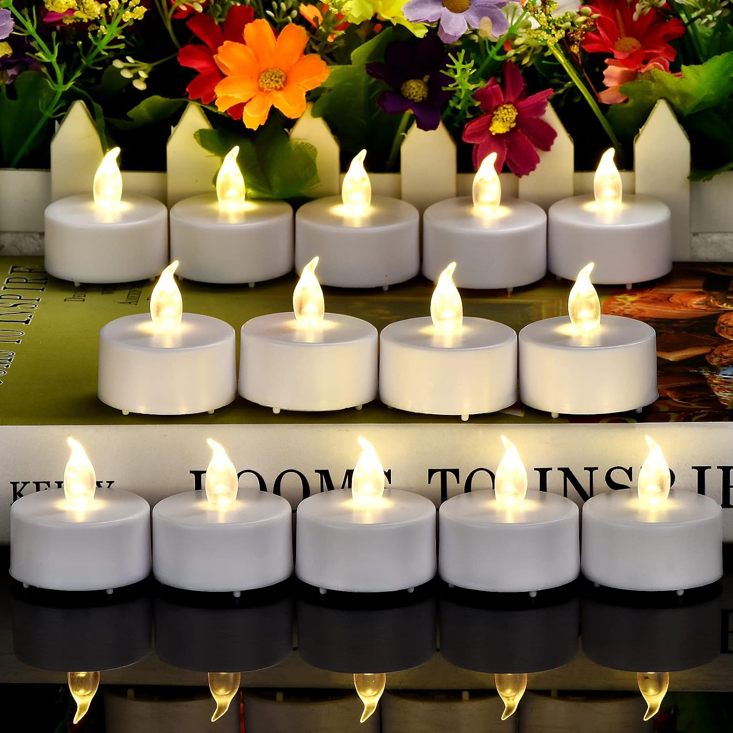 Battery Operated Flameless Tea Lights, Led Flickering Electric Votive Candle 24 Pack Realistic and Bright for Seasonal, Festive Celebrations and Holiday Gifts Warm White Lamp Long Lasting