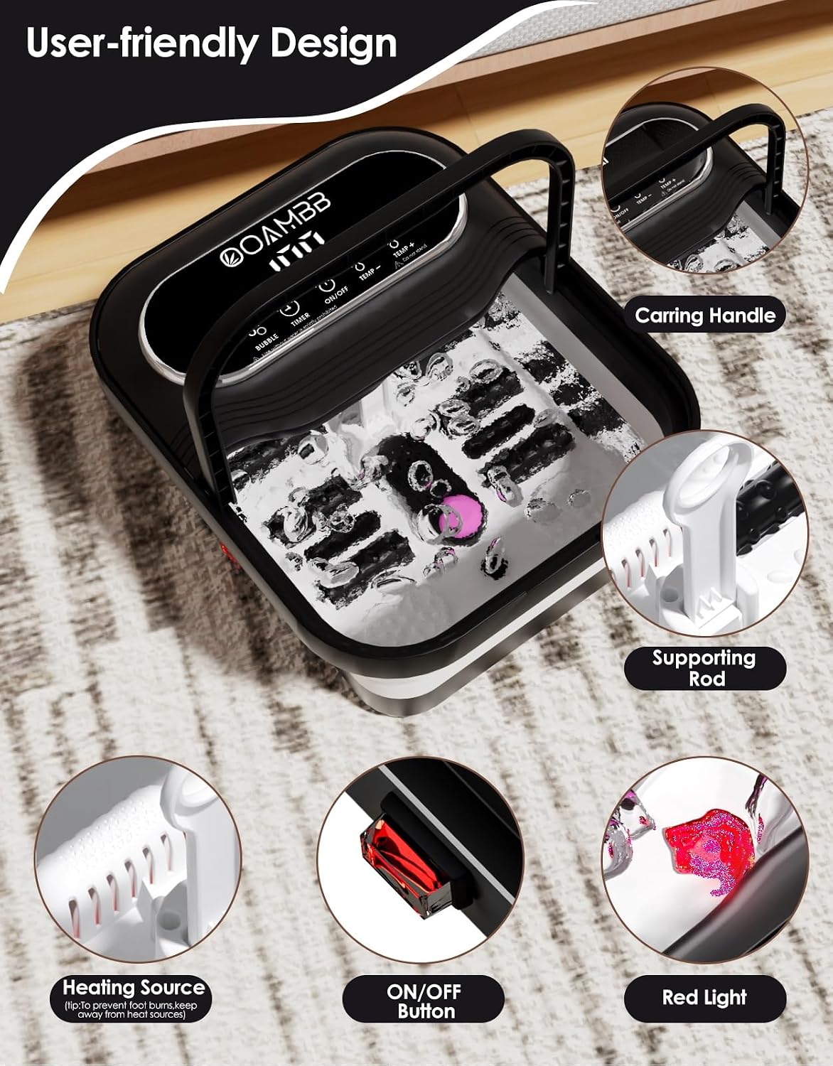 OOAMBB Collapsible Foot Spa with Heat, Bubble, Temp Control, Remote, Foot Bath Massager with XL Touch Screen and Massage Rollers, Foot Soaking Tub, Pedicure Foot spa for Stress Relief (Black+Green)