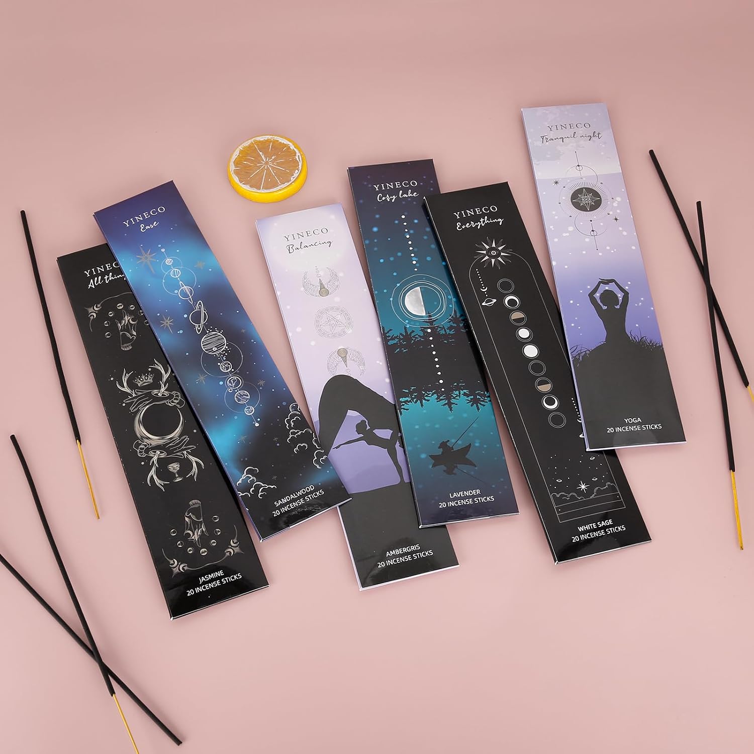 Incense Sticks Set of 120-6 Scents (White Sage, Sandalwood, Jasmine, Lavender, Dragon's Blood & Yoga) for Meditation, Relaxation & Positive Aura, Boho Gift Set, Magic Hour (Black)
