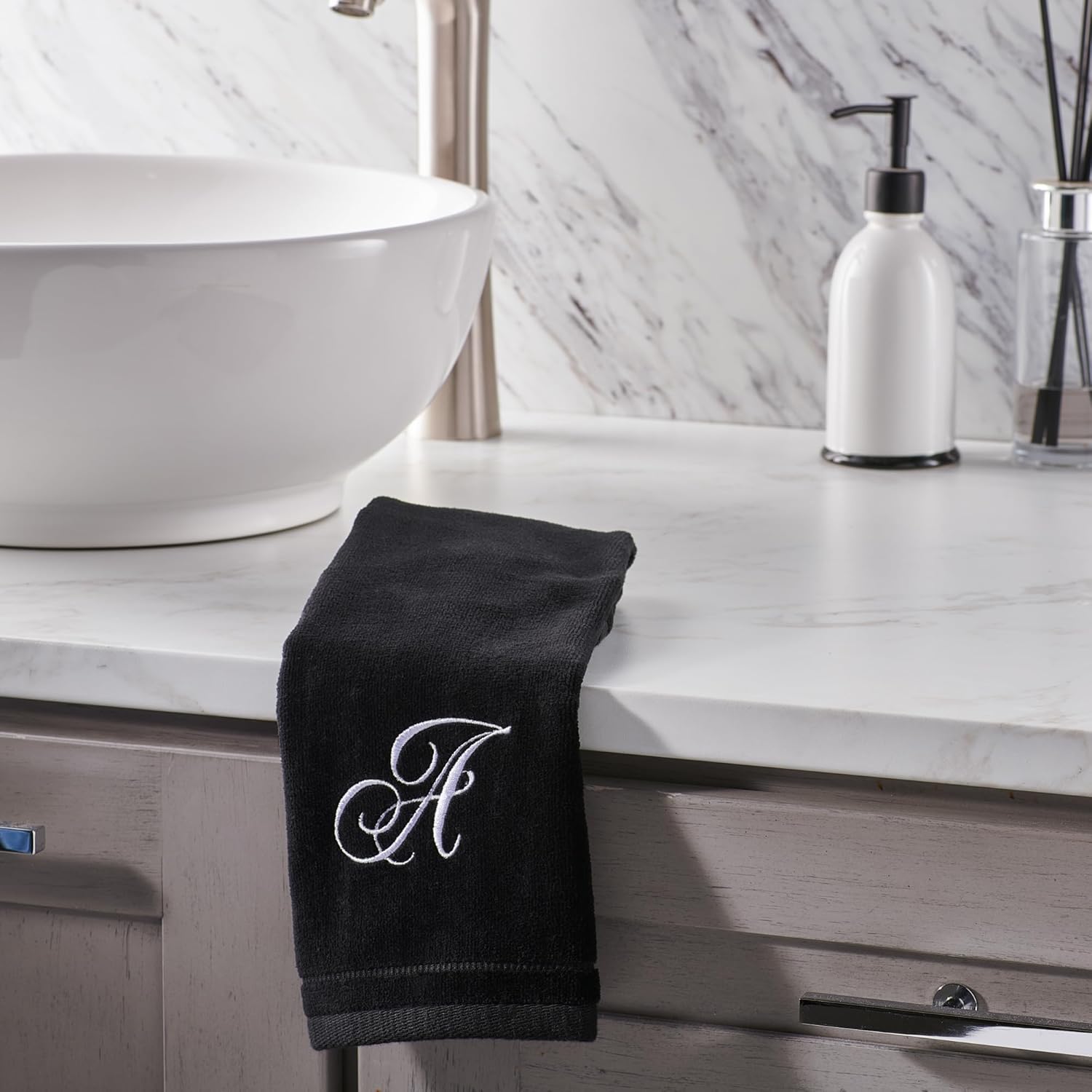 Monogrammed Towels Fingertip, Personalized Gift, 11 x 18 Inches - Set of 2 White Embroidered Towel - Extra Absorbent 100% Cotton - Soft Velour Finish - For Bathroom/ Kitchen/ Spa - Initial N (Black)