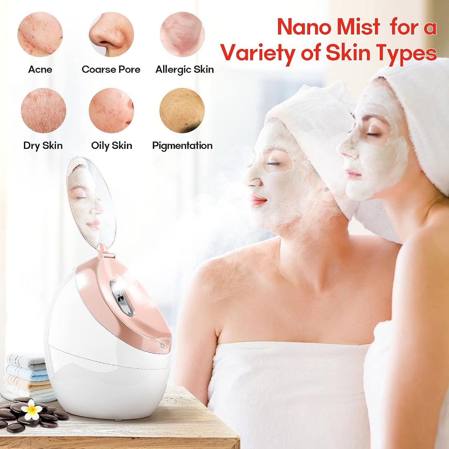 Facial Steamer- Professional Nano Ionic Facial Steamer- with HD Makeup Mirror - Oznoe Steamer - High Capacity - Suitable for Home with Mini Size