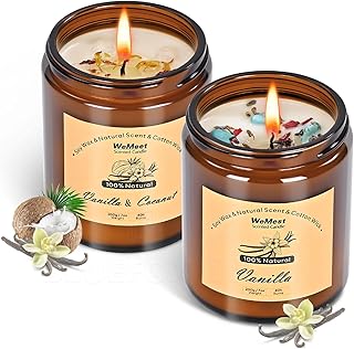 WEMEET Candles for Home Scented 2 Pack, Vanilla Scented Candle with Dried Flowers, Coconut Vanilla Soy Candles with Crystals, Candle Set for Creating a Relaxing Ambiance