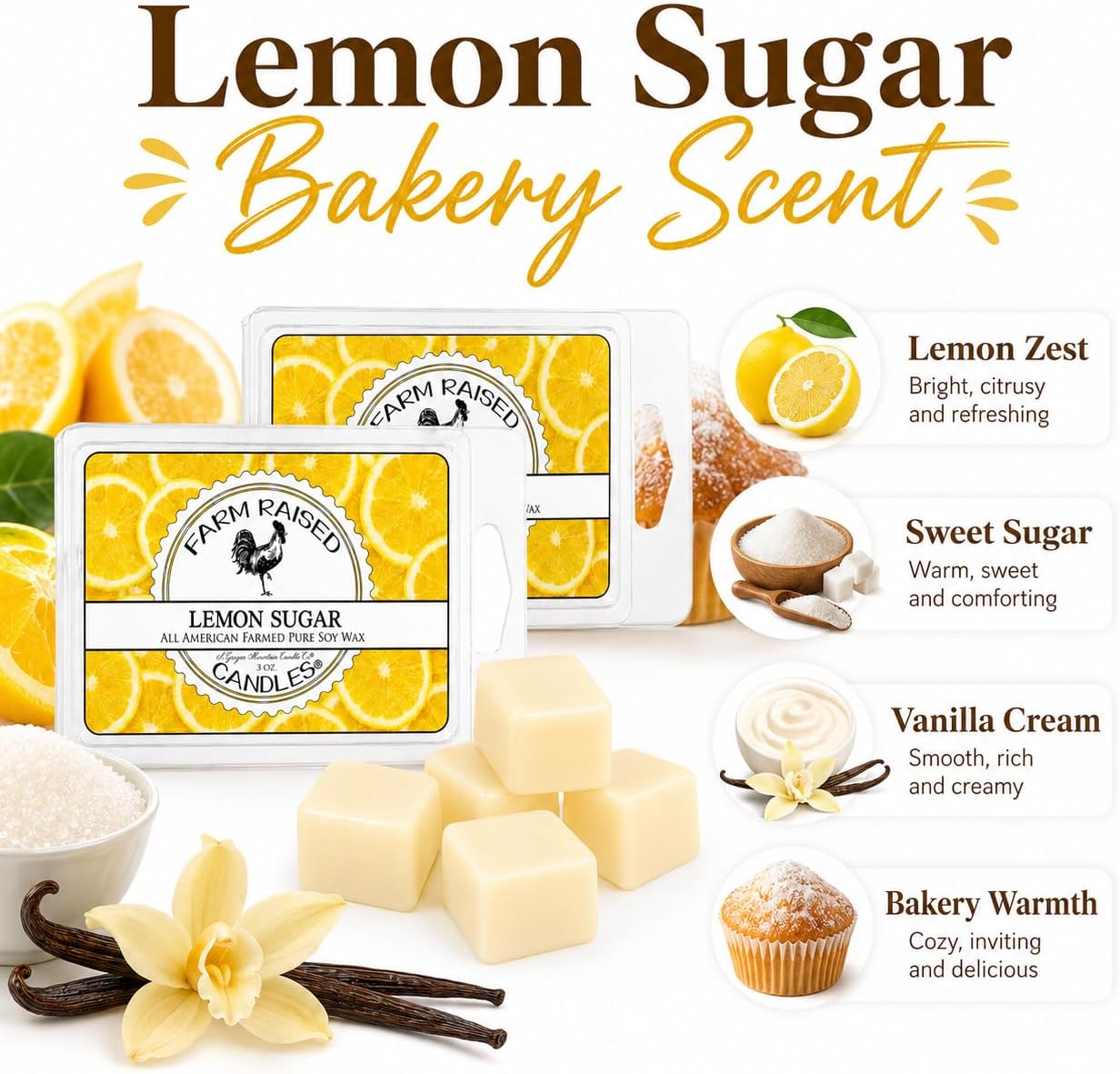 Lemon Sugar - USA Made Soy Wax Melts, 2 Pack, 6 oz