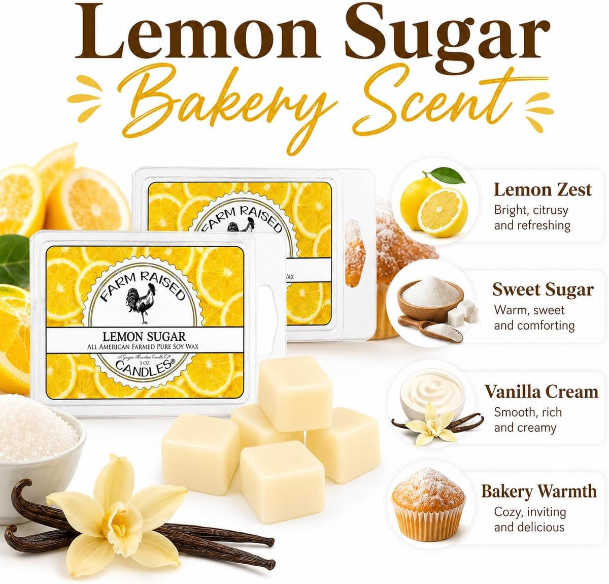 Lemon Sugar Wax Melts 2 Pack, Limoncello-Inspired Lemon Scented Soy Wax Cubes for Warmers