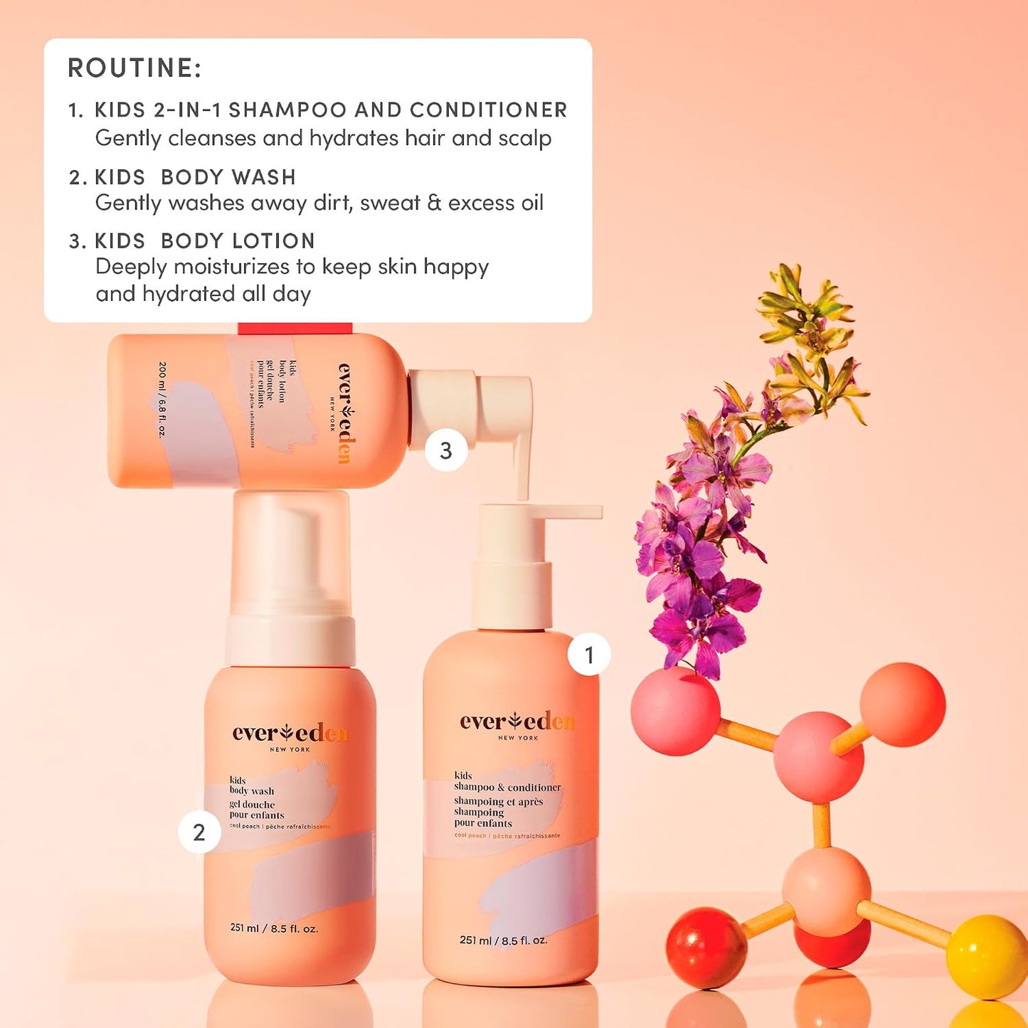 Evereden Kids 2-in-1 Shampoo & Conditioner, Cool Peach | Dermatologist-Tested, No Silicones | Gentle Care for Healthy Scalp & Hair, Age 3+ | Clean, Vegan, Sulfate & Paraben-Free, 8.5 fl oz