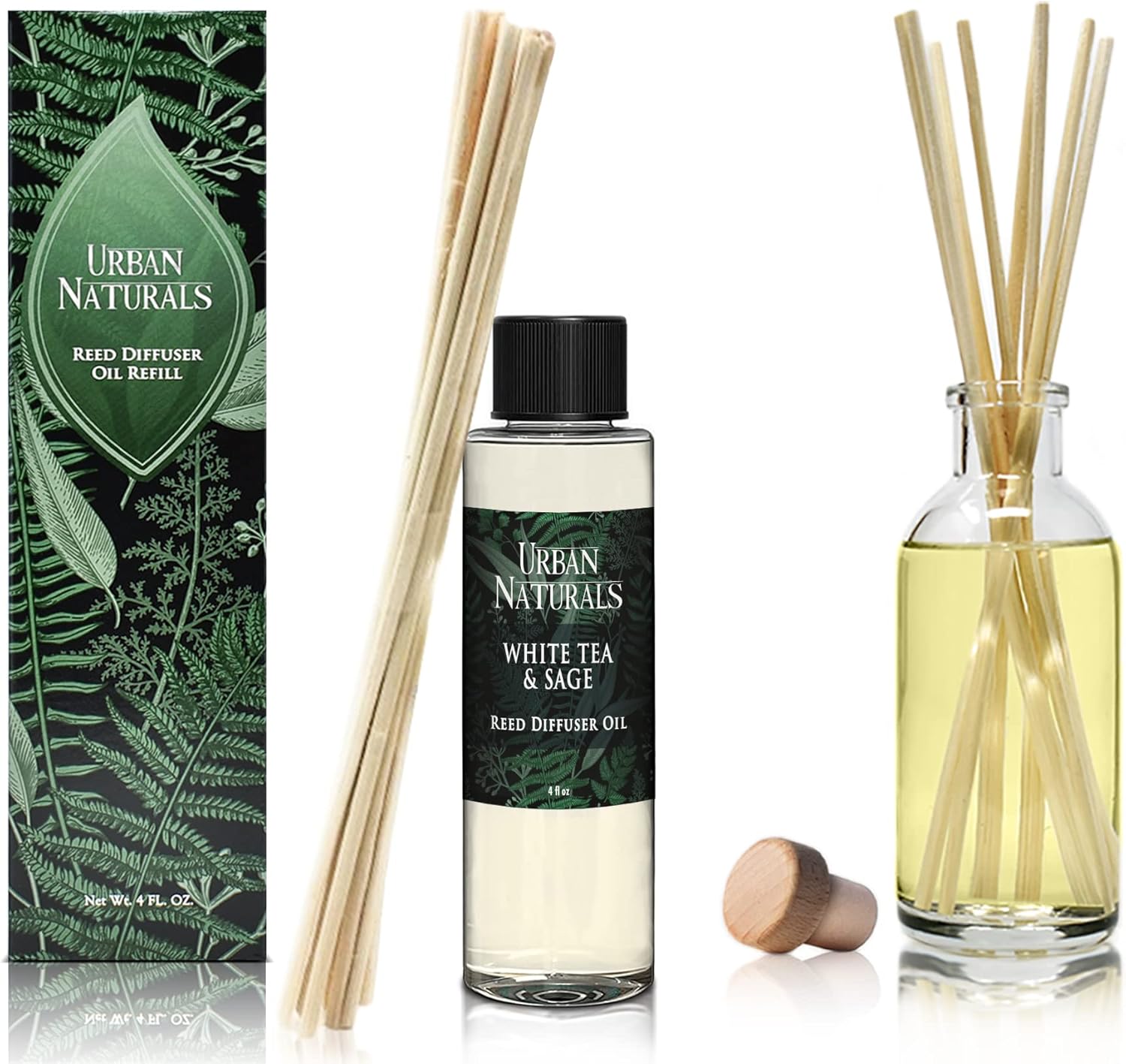 Urban Naturals Reed Diffuser Oil Refill White Tea & Sage, Sparkling Bergamot, Fresh Sage, 4 oz + Free Reed Sticks, Made in the USA