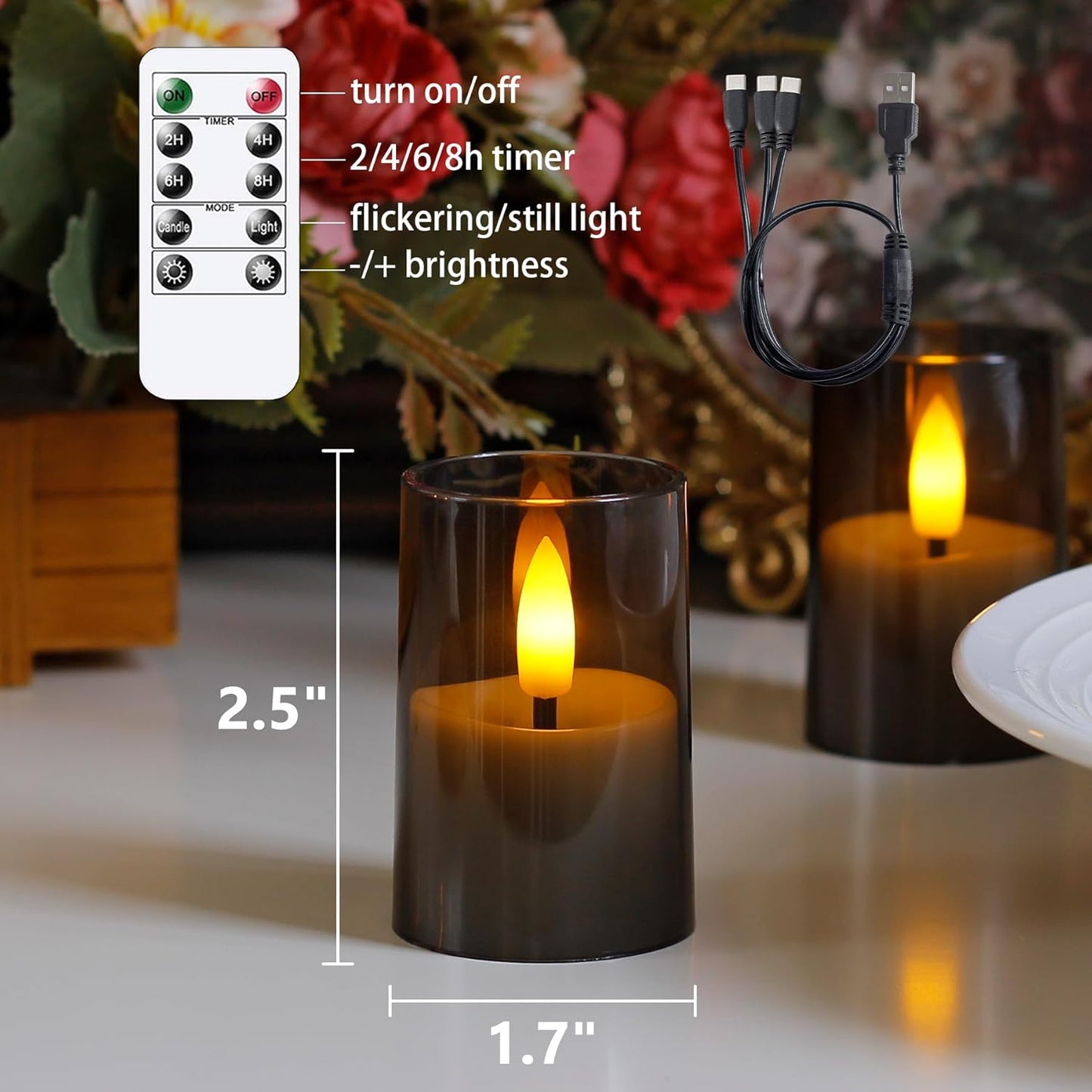 Rechargeable Acrylic Flameless Votive Candles with Timer & Remote Control, 1.7" x2.5" Flickering LED Warm Glow Tealight for Home, Wedding, Holiday Decor (Set of 9, Grey)
