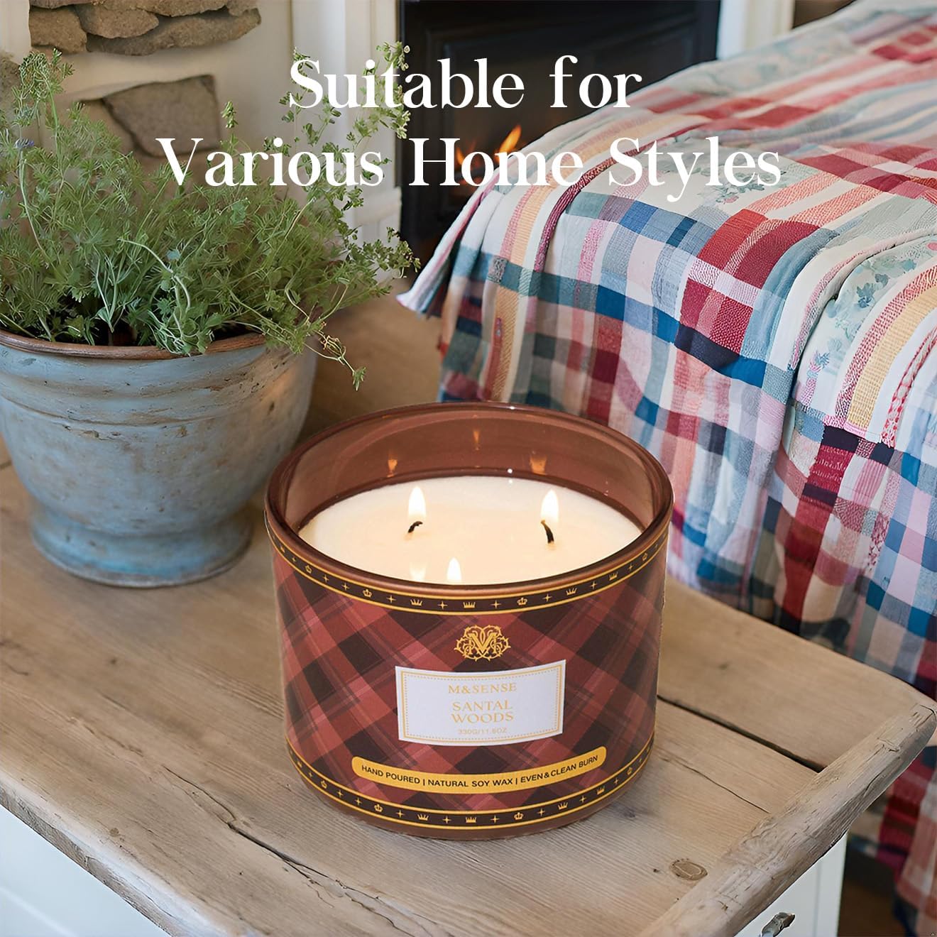 M&SENSE Plaid Pattern 3 Wick Soy Candles,11.64 oz Large Santal Woods Scent Candle for Relaxation, Gifting, Home Décor | for Bedroom, Office, Party