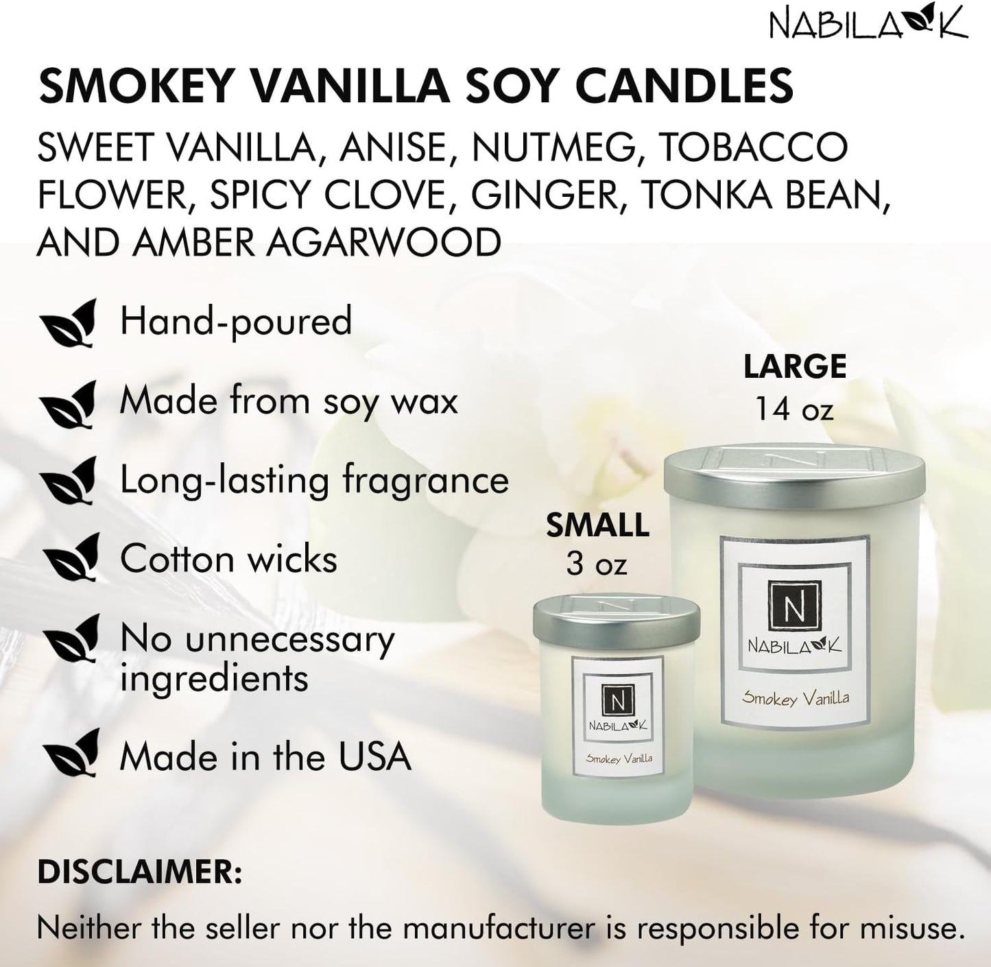 Nabila K – Smokey Vanilla - Soy-Based Candle – Anise, Nutmeg, Spicy Clove, Ginger, Sweet Vanilla, Amber - Hand-Poured - Cotton Wick - Aromatherapy Candle w/Essential Oils - Made in USA - 3 oz
