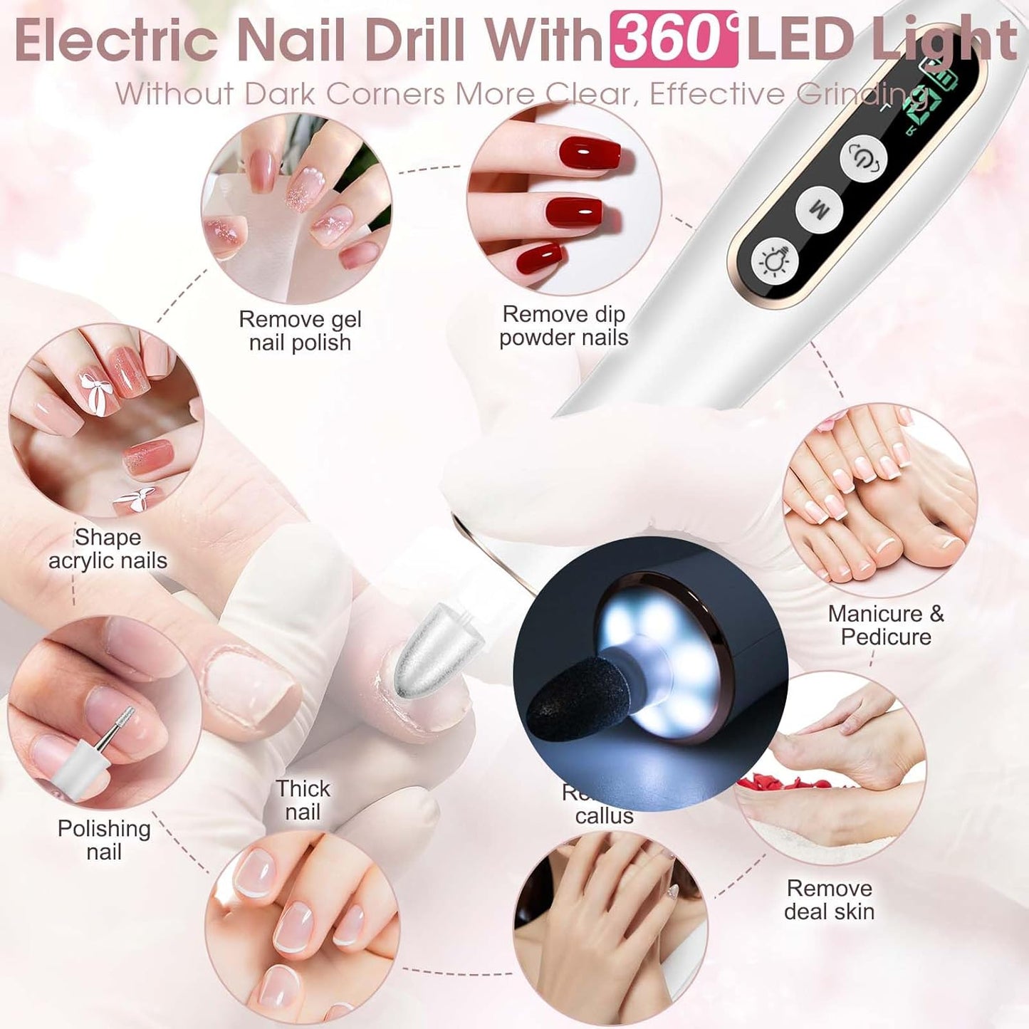 Hoxida Cordless Electric Nail Drill: 10-Speed Professional Nail File with 360° LED Light for Manicure Shaping & Gel Removal, Nail Art Practice Essentials,Home DIY & Portable Travel Use