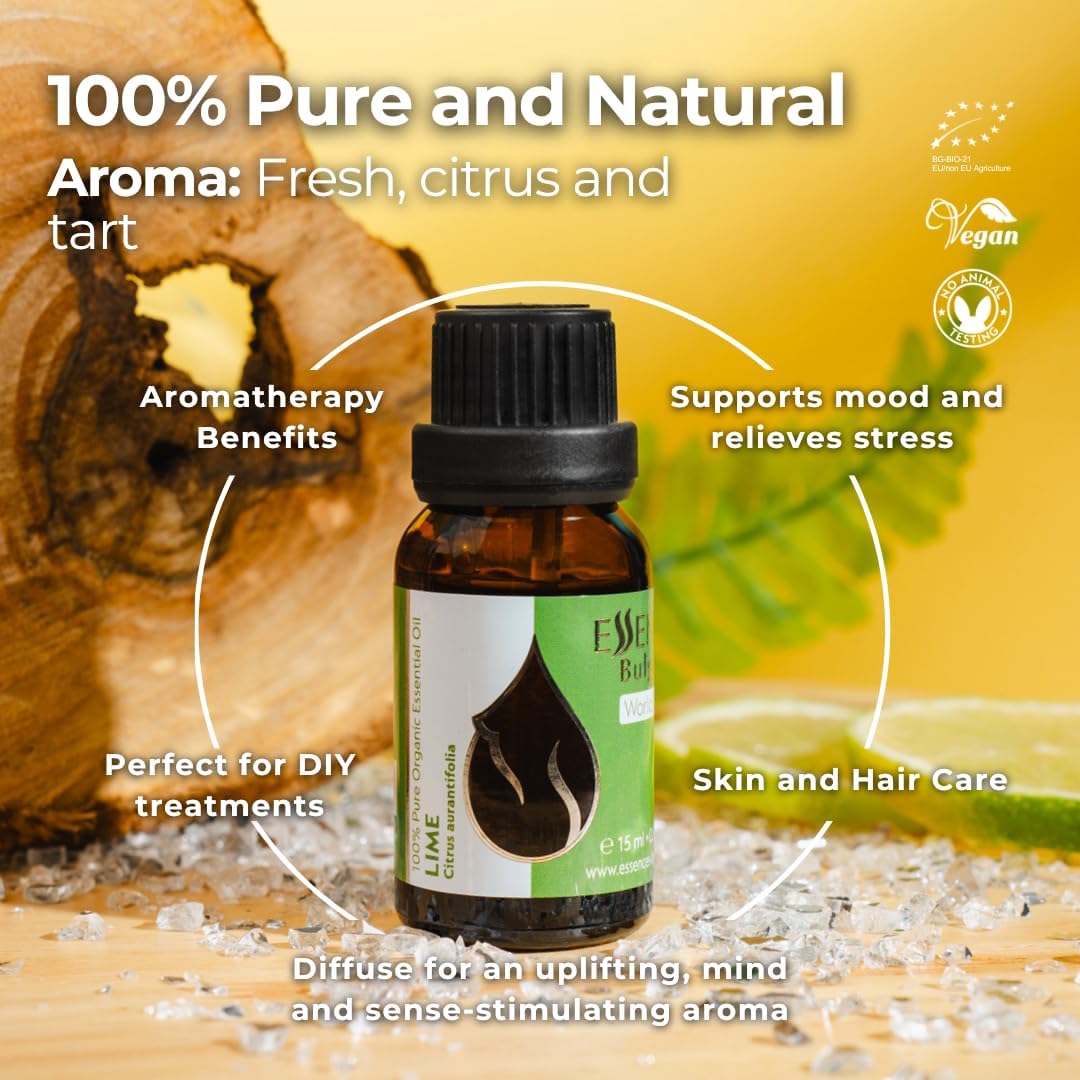 Essences Bulgaria Organic Lime Essential Oil 0.51 Fl Oz 15ml Citrus aurantifolia - 100% Pure Natural Undiluted Therapeutic Grade for Aromatherapy Oil Diffuser Humidifier Hair Growth Skin Care Oil