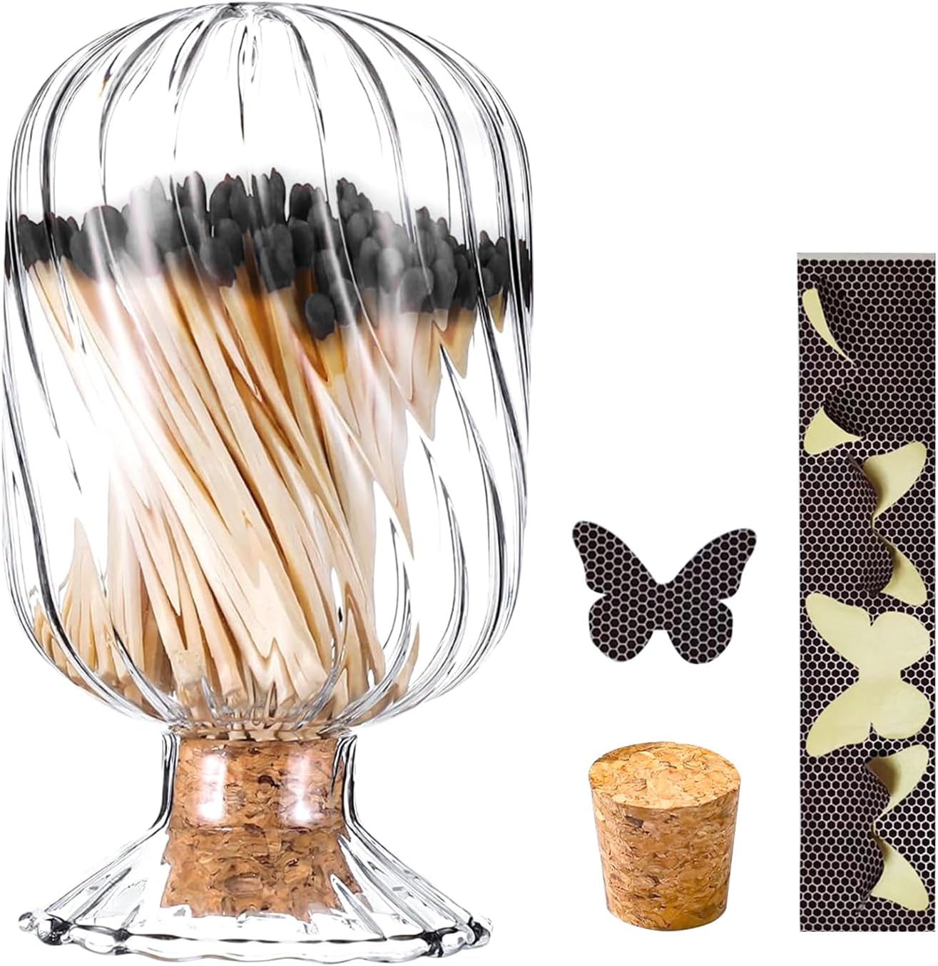 Glass Match Holder Jar with Striker, Decorative Glass Container for Matches for Bathroom Fireplace and Home Display (Helix Shaped)