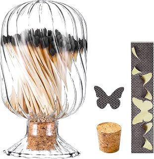 Glass Match Holder Jar with Striker, Decorative Glass Container for Matches for Bathroom Fireplace and Home Display (Helix Shaped)