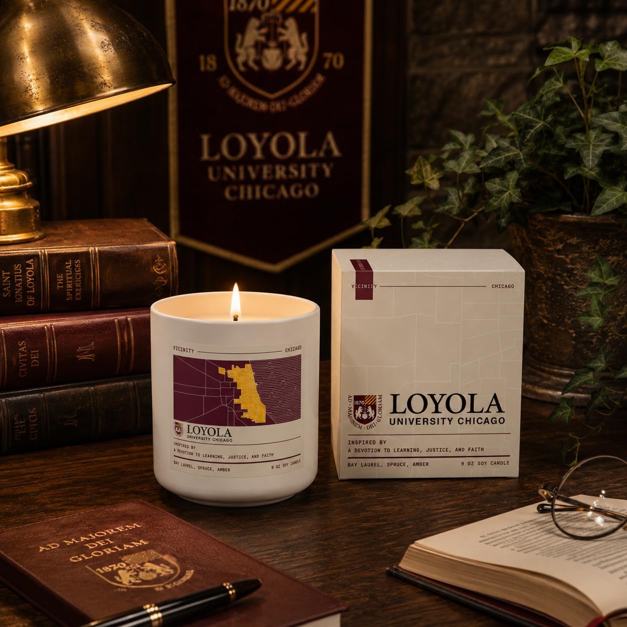 Loyola University Chicago, Hand-Poured Soy Candle | Bay Laurel, Spruce & Amber | 9 oz, 45-50 Hour Burn | Gift Ready | Woman-Owned