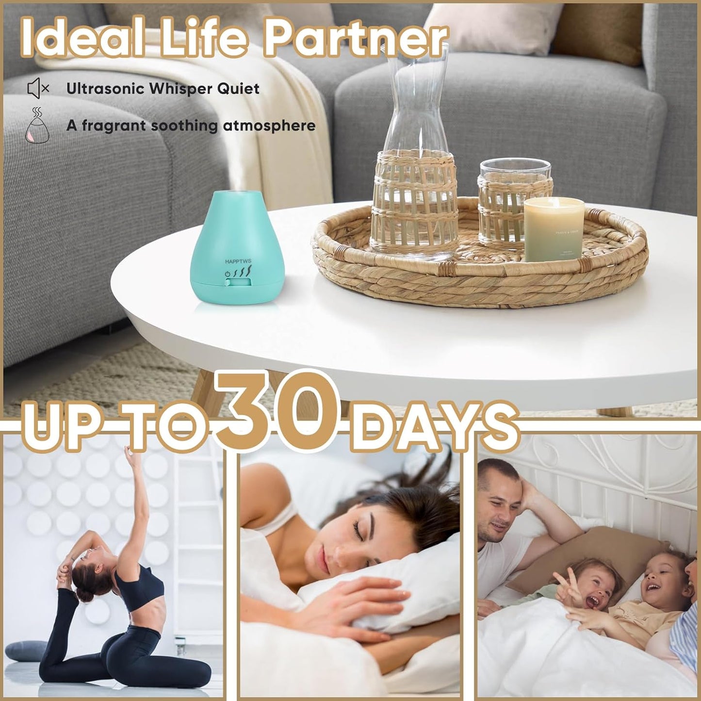 HAPPTWS Essential Oil Diffuser - Waterless Diffuser 3 Timer Settings Battery Powered for Bedroom Yoga Room Toilet Pet Room - Blue