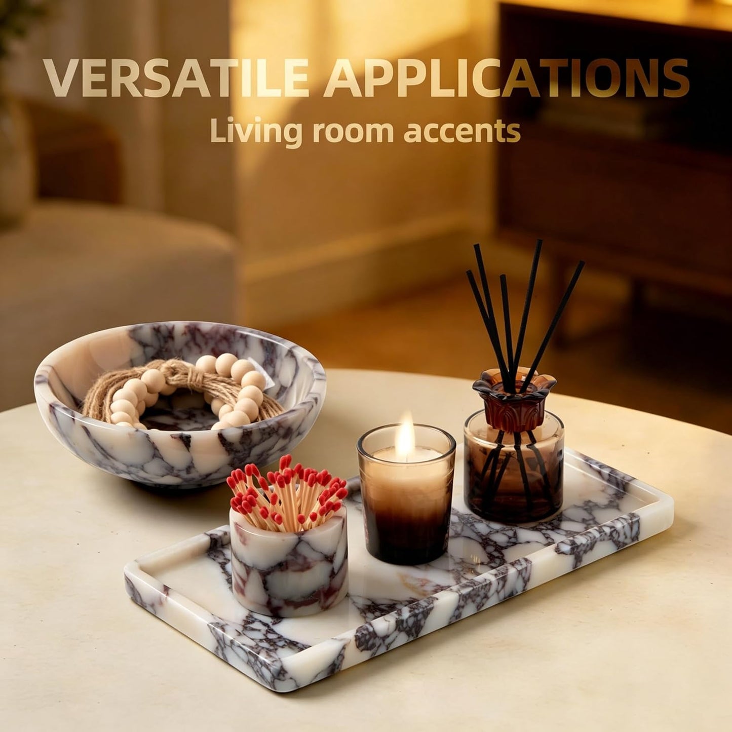 Luxury Natural Marble Match Holder with Striker –Small 2.5" x 2" Calacatta Viola Stone Decorative Matchbox for Bathroom Candles & Fireplace, Cute Match Jar for Home Decor Gift (Matches Not Included)