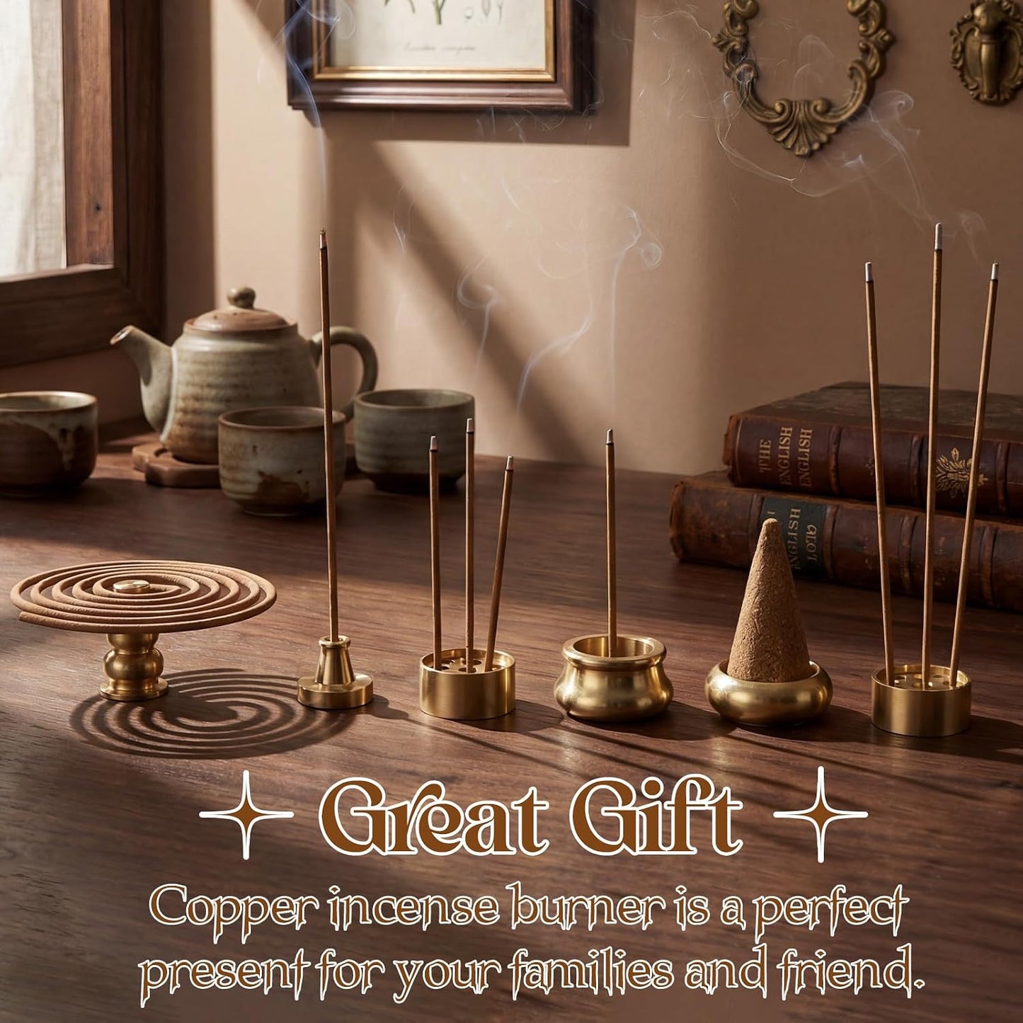 Cinnvoice 6 Pcs Brass Incense Holder Copper Incense Stick Holder 9-Hole Multi-Hole Mini Cone Gourd Burner Accessories for Stick, Tower, Coil, Meditation Room, Home Decor, 6 Styles
