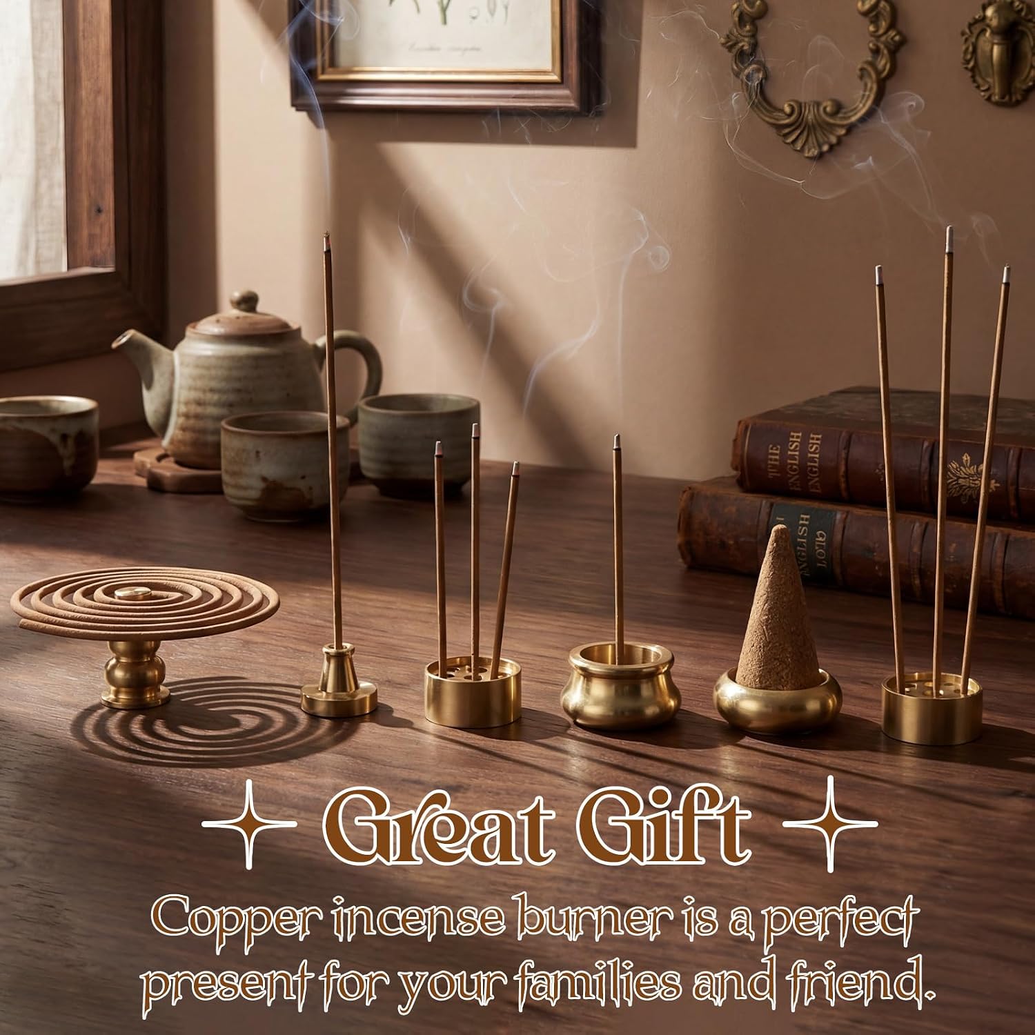 Cinnvoice 6 Pcs Brass Incense Holder Copper Incense Stick Holder 9-Hole Multi-Hole Mini Cone Gourd Burner Accessories for Stick, Tower, Coil, Meditation Room, Home Decor, 6 Styles