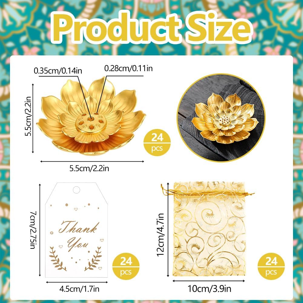 24 Set Diwali Gifts Bulk, Lotus Incense Holder, Indian Return Gifts for Pooja Bulk, Gold Lotus Incense Sticks Holder with Organza Bags & Thank You Cards, Indian Return Gift (24 Set)