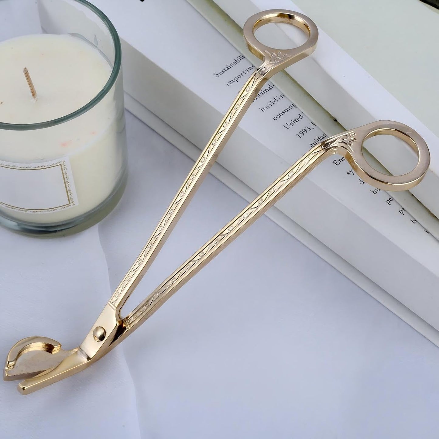 Candle Wick Trimmer,Stainless Steel Wick Clipper with Built-in Debris Tray Gold Scissor Cutter for Cleaner Burn Prevents Soot Easy Candle Care Accessory