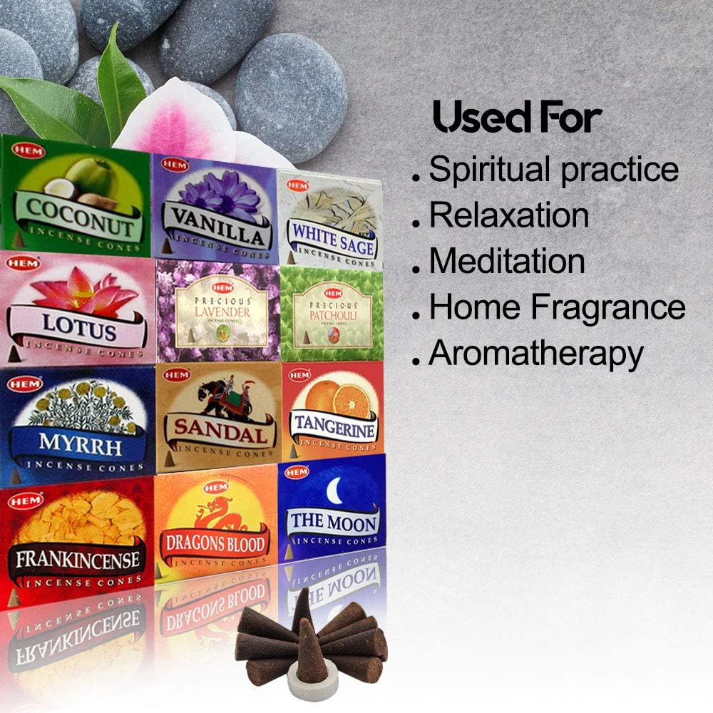 Hem 12 Assorted Boxes of Incense Cones, (120 Total)| Natural Fragrance for Aromatic Rooms | Odor Remover Incense for Stress Relief & Relaxation (Assorted 3)