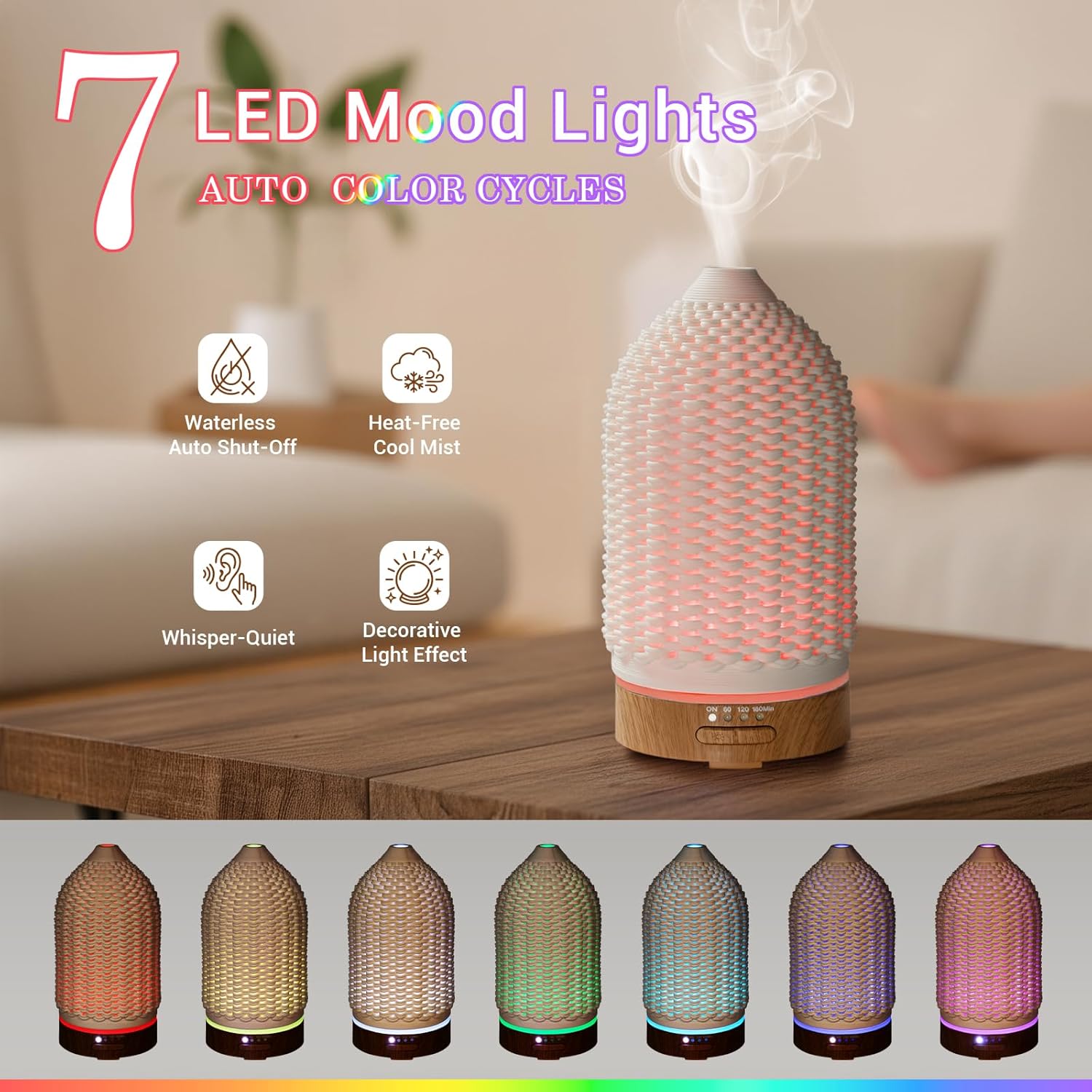 VICTORIA AROMA Ultrasonic Essential Oil Diffuser 100ML 3D Printing Ceramic - Cool Mist Humidifier, 7-Color LED Lights, 3 Timer & Auto Shut-Off, Ideal Gift for Home Bedroom Office (White)