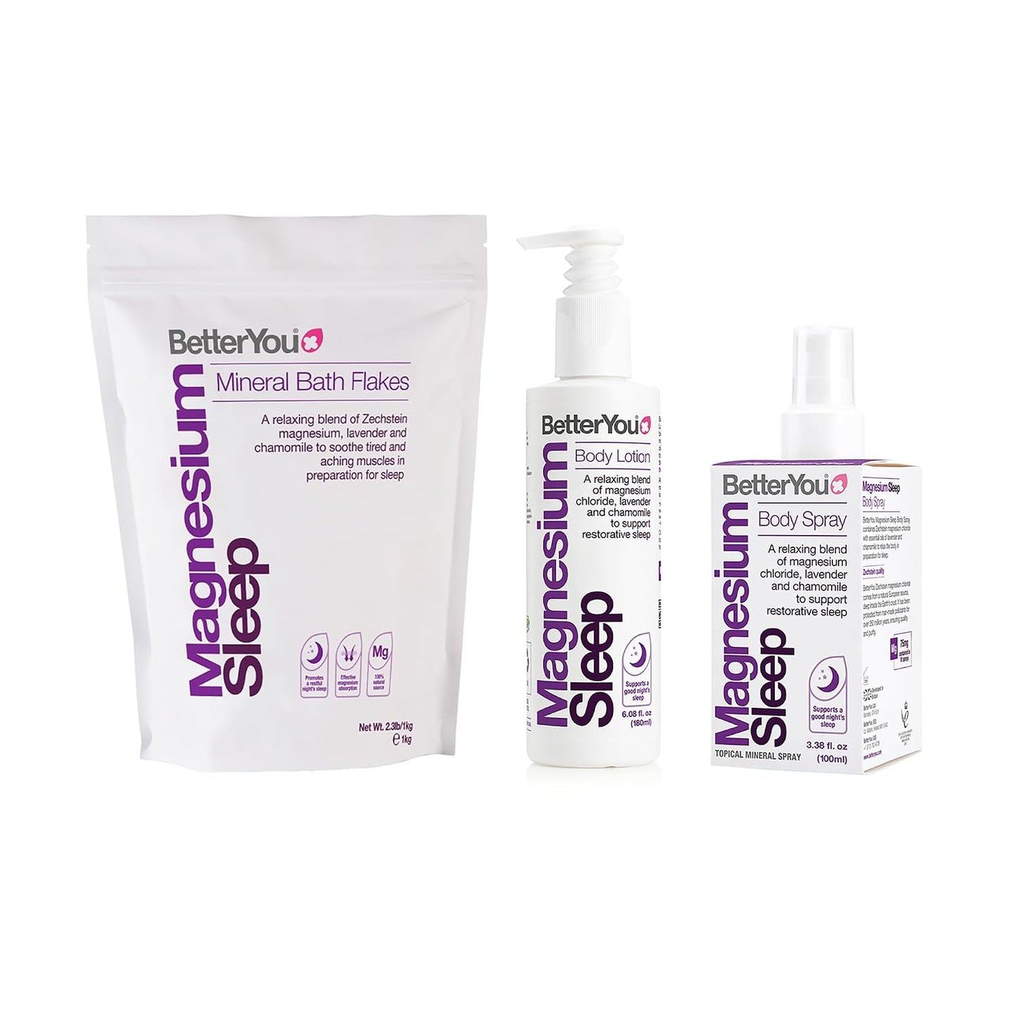 BetterYou Adult Sleep Bundle - Magnesium Bath Salt, Body Lotion, and Essential Oils Spray - Soothe Tired Muscles - Lavender and Chamomile Blend - 3 pc