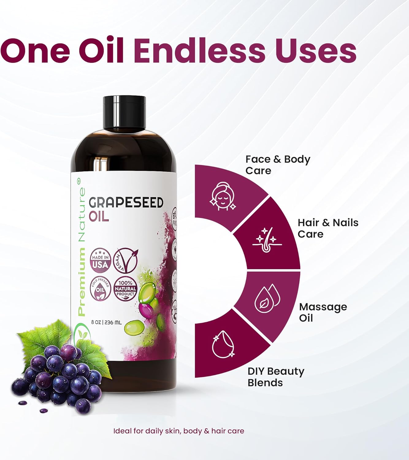 Grapeseed Oil for Skin & Hair - 100% Pure, Lightweight Moisturizing Oil for Face, Body & Hair – Hexane Free, Cold Pressed, Unscented - 8 fl oz