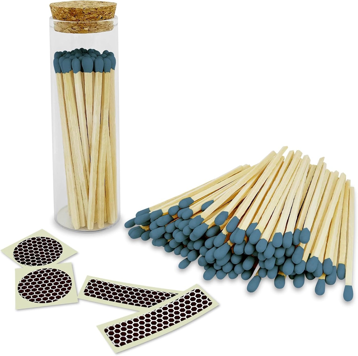 Thankful Greetings 4" Steel Blue Matches in a Jar + Striker Stickers Included | 100 Stylish & Modern Decorative Safety Matches with a Cork Top Glass Holder | Gifts, Home Decor, & Candle Accessories