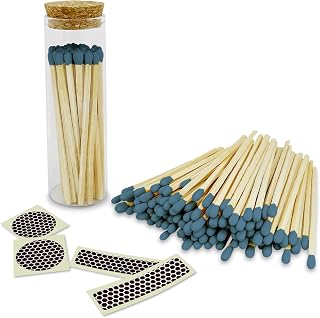 Thankful Greetings 4" Steel Blue Matches in a Jar + Striker Stickers Included | 100 Stylish & Modern Decorative Safety Matches with a Cork Top Glass Holder | Gifts, Home Decor, & Candle Accessories