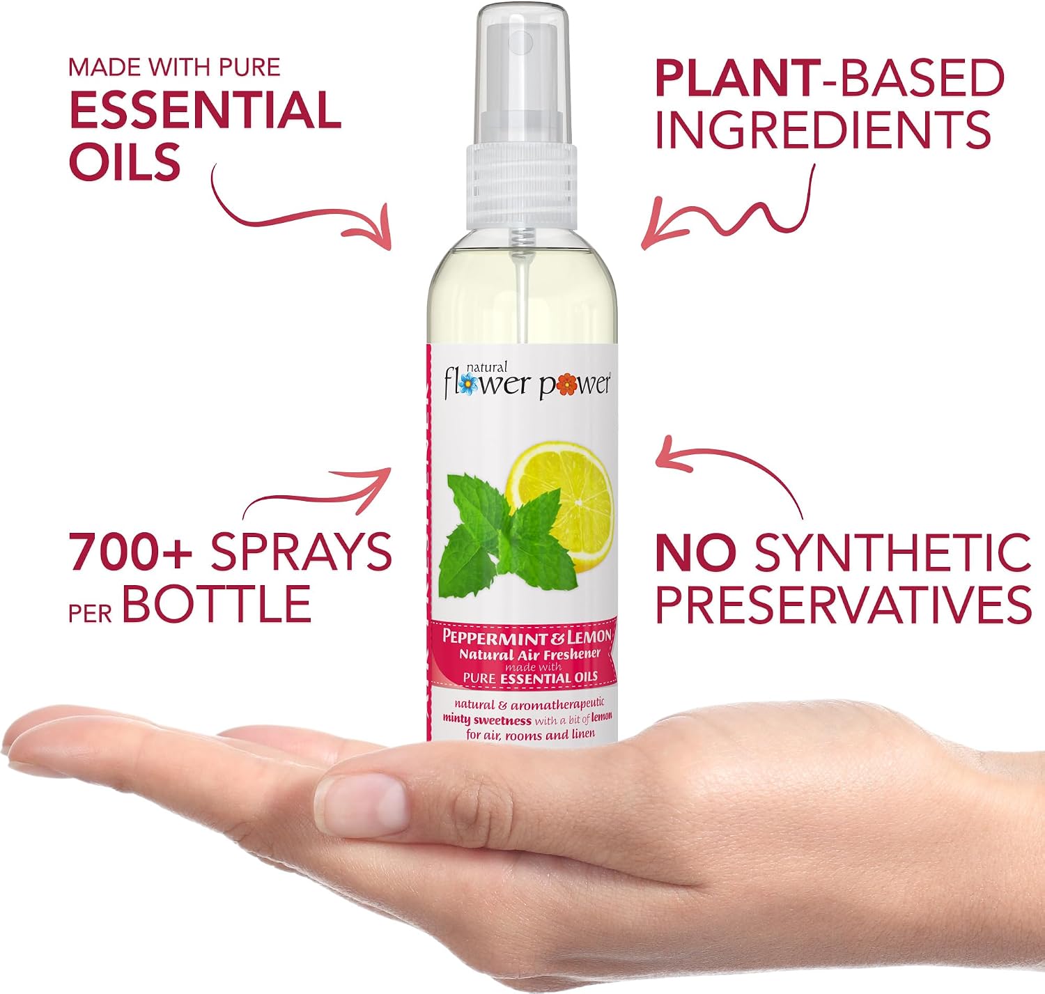 Natural Flower Power Air Freshener Spray - Odor Eliminator with Essential Oils for the Home, Car & Fabric - Cruelty Free & Vegan - Peppermint & Lemon - 3 x 4 oz