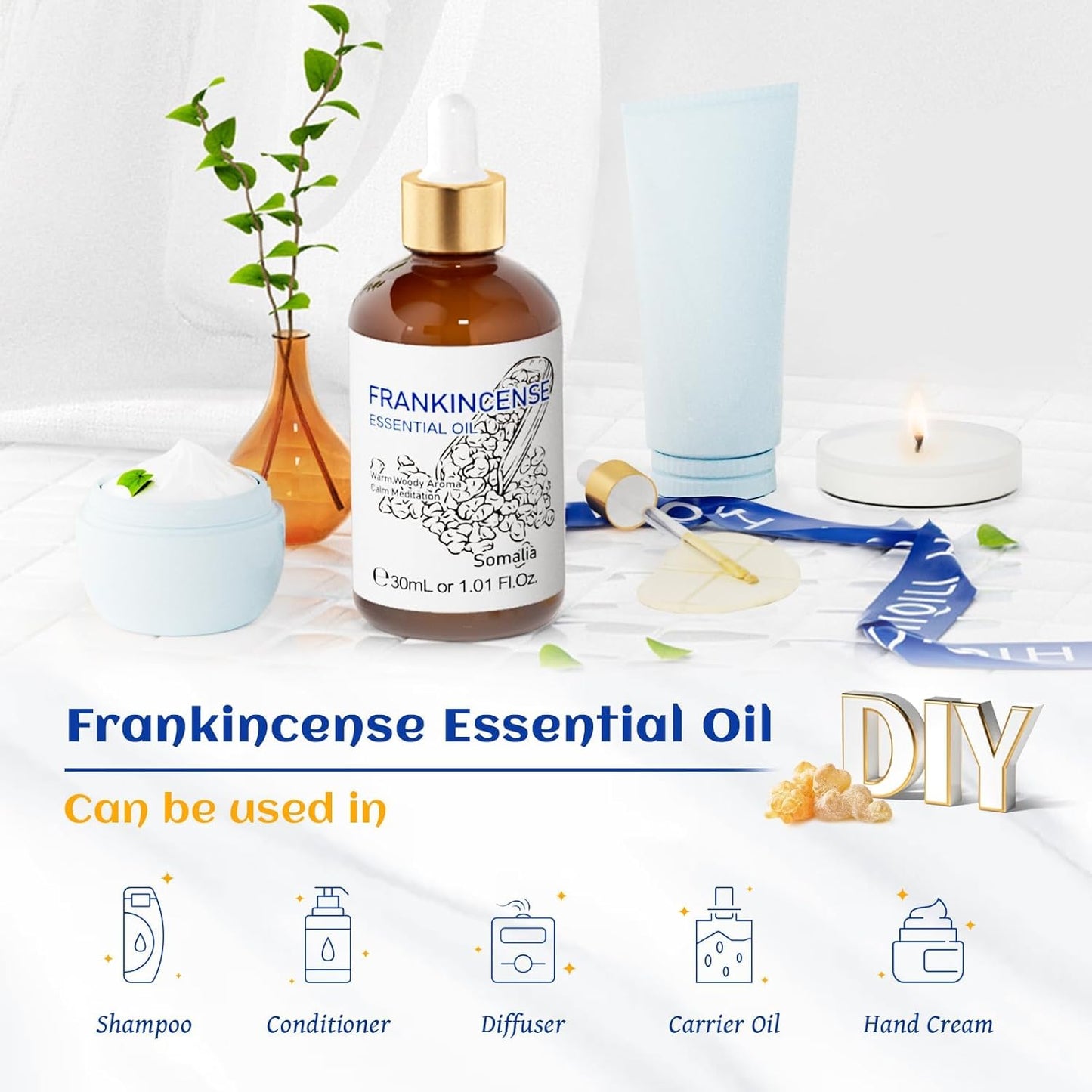 HIQILI 30ML Frankincense Essential Oil, Relaxing, Skin Care, Camp Atmosphere Creation, Can be Added to Body Lotions, Creams, Aromatherapy Use - 1.01 Fl Oz