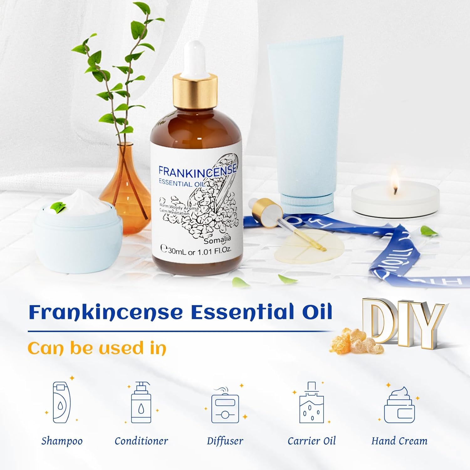 HIQILI 30ML Frankincense Essential Oil, Relaxing, Skin Care, Camp Atmosphere Creation, Can be Added to Body Lotions, Creams, Aromatherapy Use - 1.01 Fl Oz