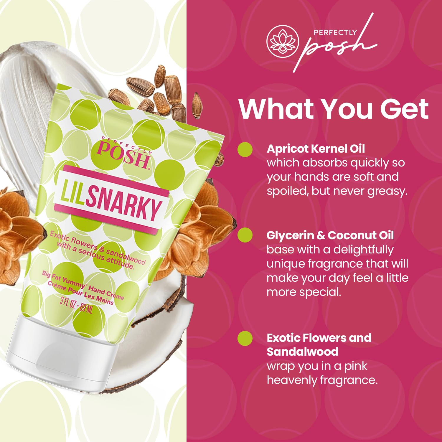 Perfectly Posh - Snarky Big Fat Yummy Hand Crème - Non-Greasy Moisturizing Hand Cream with Apricot Oil, Coconut Oil and Glycerin - 89ml