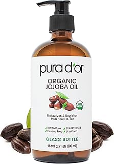 PURA D'OR ORGANIC Jojoba Oil (16.9 Oz GLASS BOTTLE) USDA Certified - 100% Pure & Natural