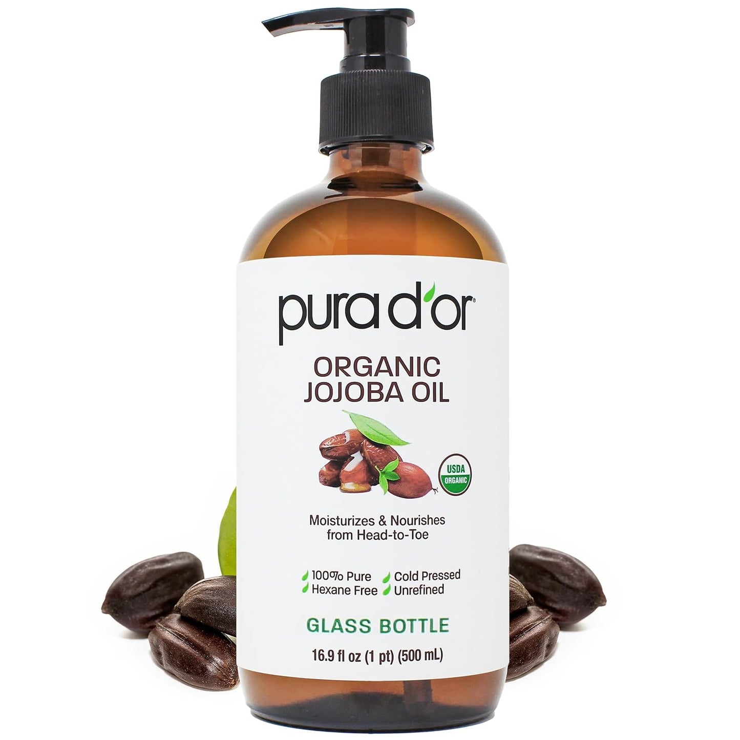 PURA D'OR ORGANIC Jojoba Oil (16.9 Oz GLASS BOTTLE) USDA Certified - 100% Pure & Natural