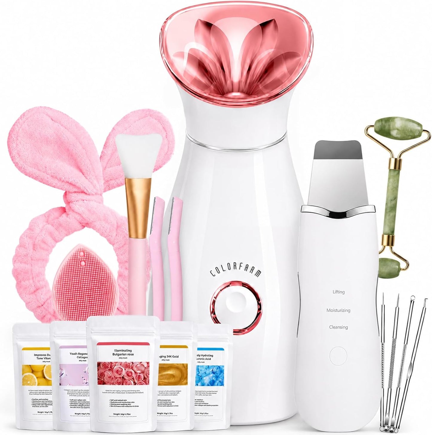 Colorfarm Facial Steamer Spa Kit: Nano Ionic Face Steamer for Facial Deep Cleansing - Home Spa Skincare Set with 17 Skin Care Tools Self Care Gifts for Women