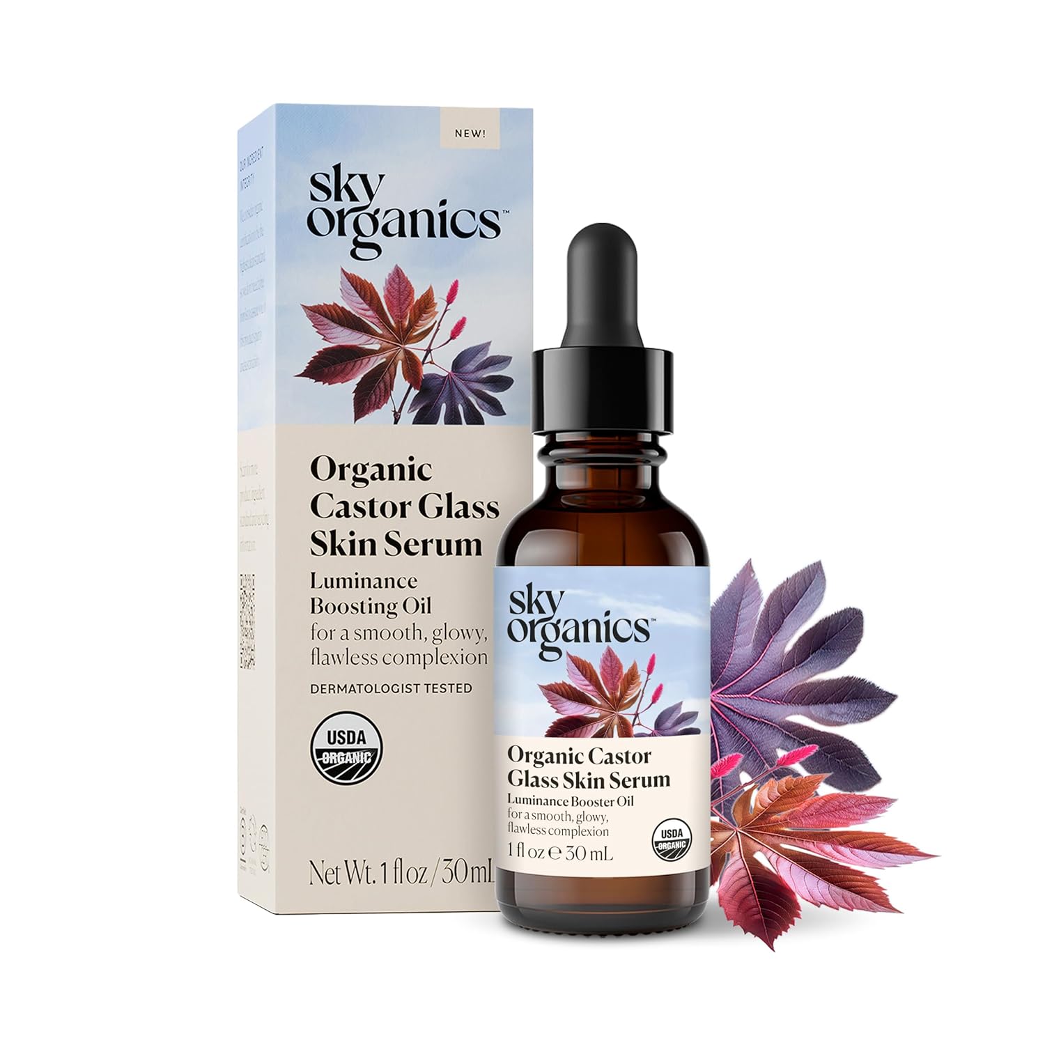 Sky Organics - Organic Castor Glass Skin Serum (1 fl oz/30 mL) Dermatologist Tested Natural Face Serum - Organic Castor Oil for Face, Neck, Chest - Jojoba Oil - Vegan, Cruelty Free, Beauty, Skin Care