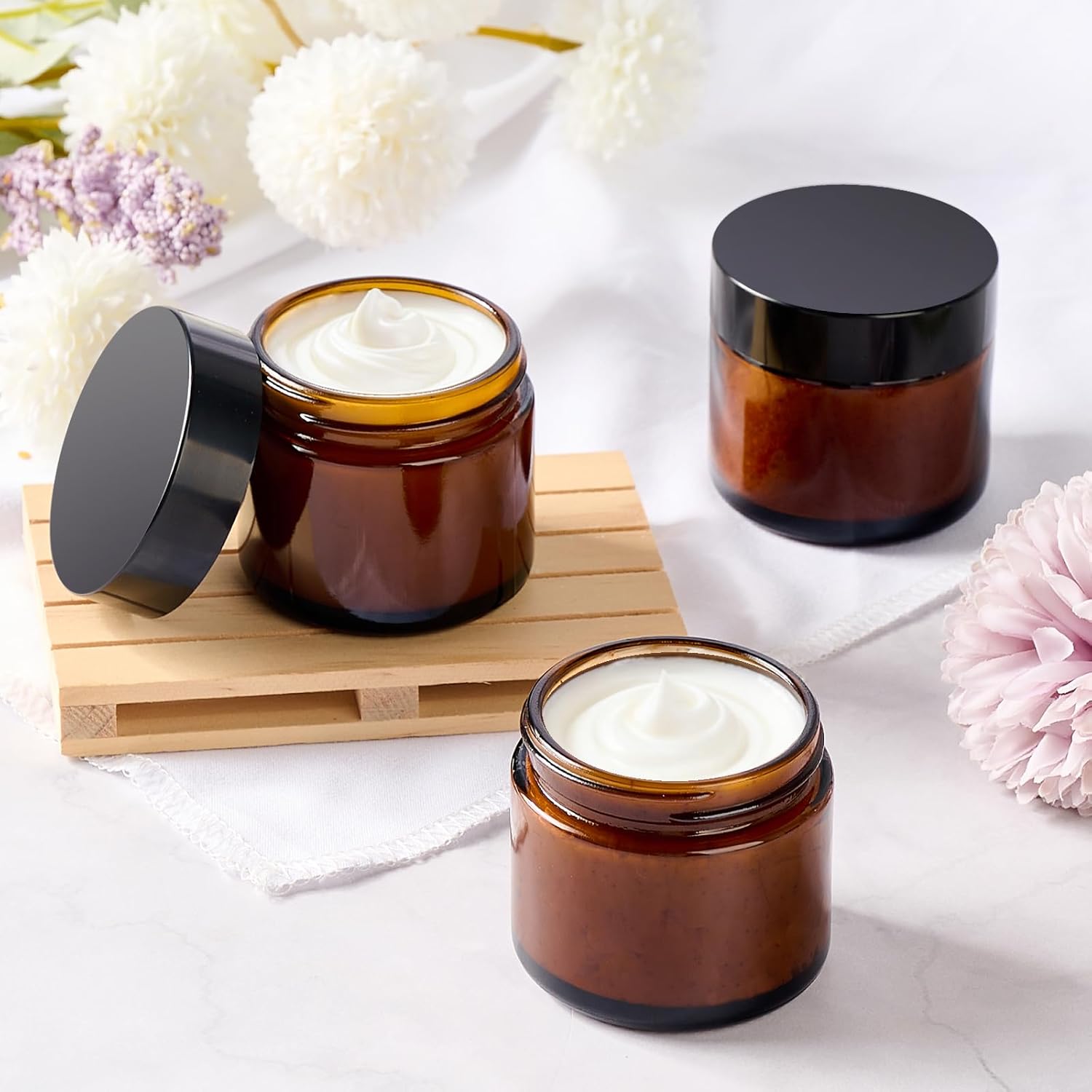 2 Oz Small Glass Jars with Lids, 12 Pack Airtight Amber Cosmetic Jars with Inner Liners Round Empty Travel Sample Containers for Lotions, Creams, Candles, Body Butters