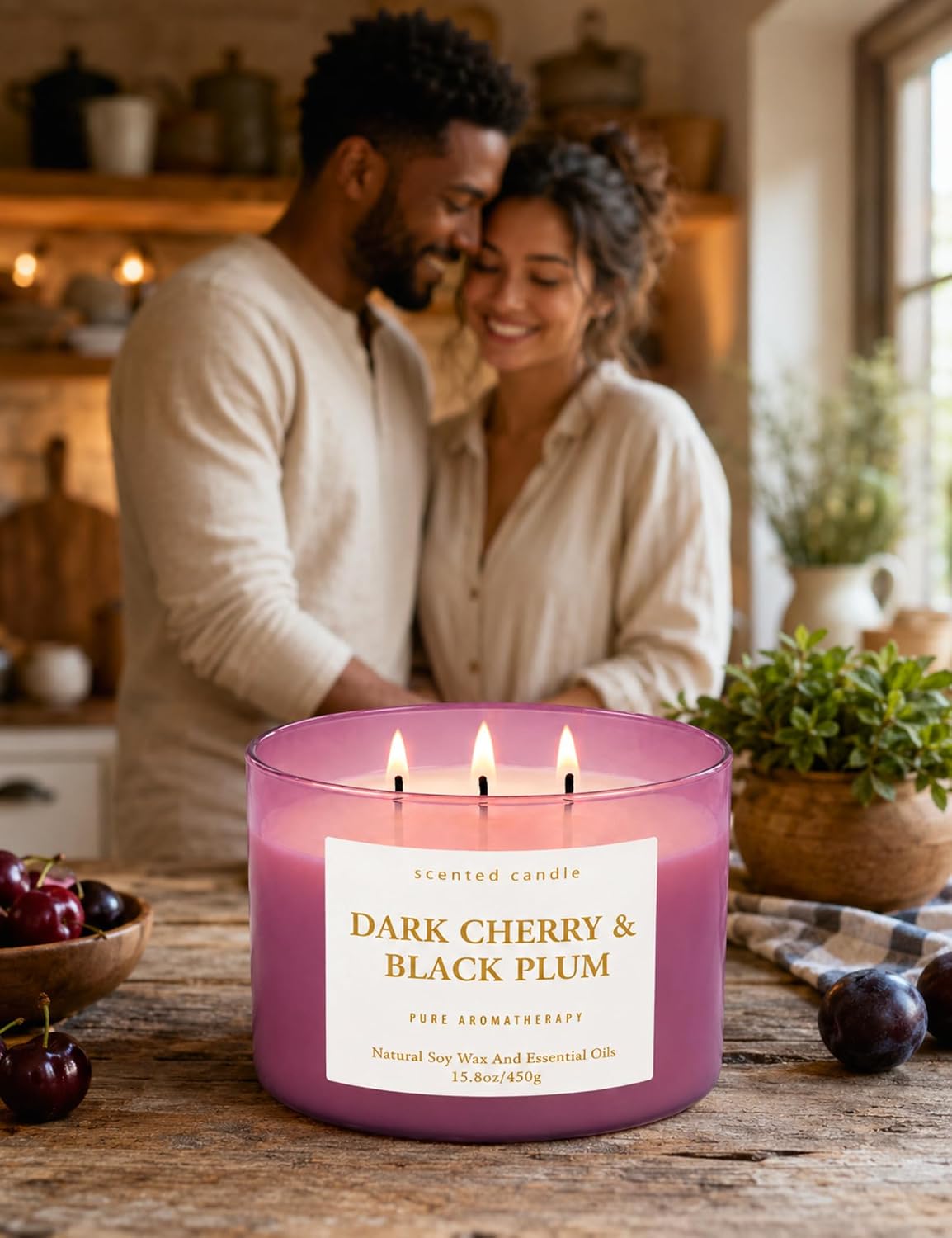Dark Cherry Black Plum 3-Wick Soy Candle, 15.8 oz Scented Candle for Home | Black Cherry, Plum & Vanilla Notes, Aromatherapy, Highly Scented, Clean Burn, Summer & Fall candle, Gift for Women & Men