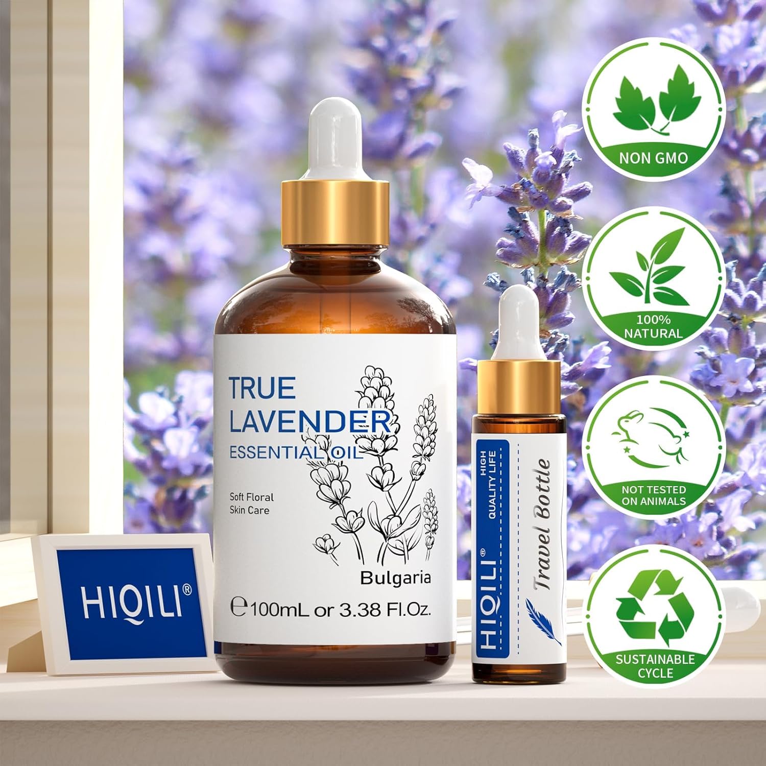 HIQILI Lavender Essential Oil - 100% Pure Undiluted, for Aromatherapy Diffuser at Room & Office, Relax Mind and Better Sleep, Therapeutic Grade | 100ML with Glass Dropper