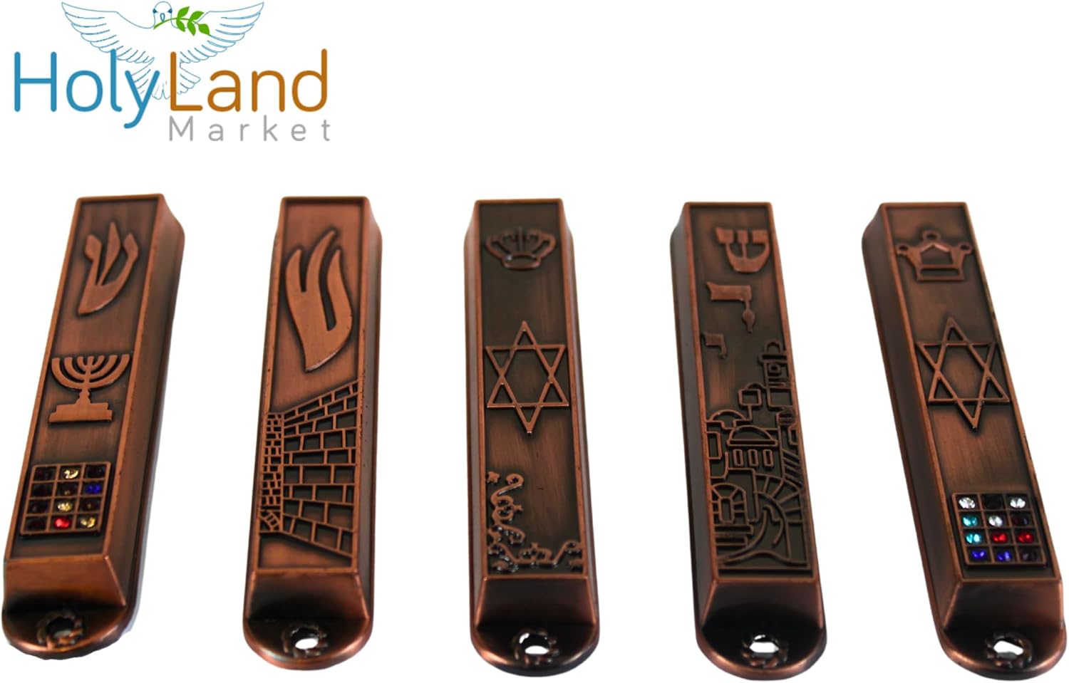 Holy Land Market A Set of 5 Clean and Smooth Cut Mezuzahs Symbols with Different enameled Themes. Each is About 3.5 Inches and Comes with Scrolls and Screws for Hanging (Copper)