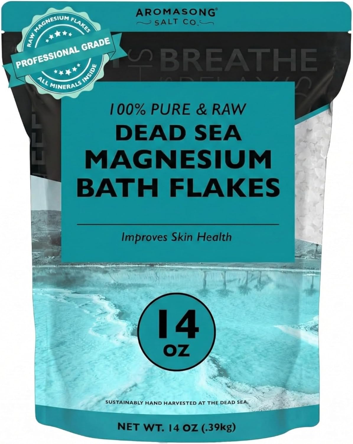 Aromasong Dead Sea Magnesium Flakes for Bath - 16,325 Mg Magnesium Chloride per Bath - Superior Alternative to Epsom Salt - Used as Muscle & Foot Soak - 14 oz Bag