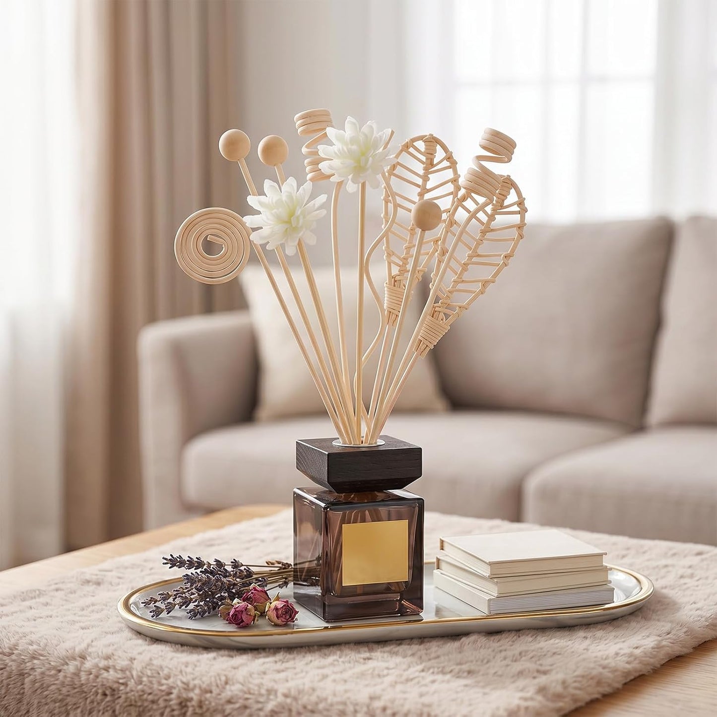 12 PCS Reed Diffuser Stick Rattan Flower Reed Fragrance Diffusers Set, 6 Style Natural Rattan Wood Oil Diffuser Sticks Replacement Refill Sticks for Living Room, Bathroom, Bedroom, Office, Home Decor